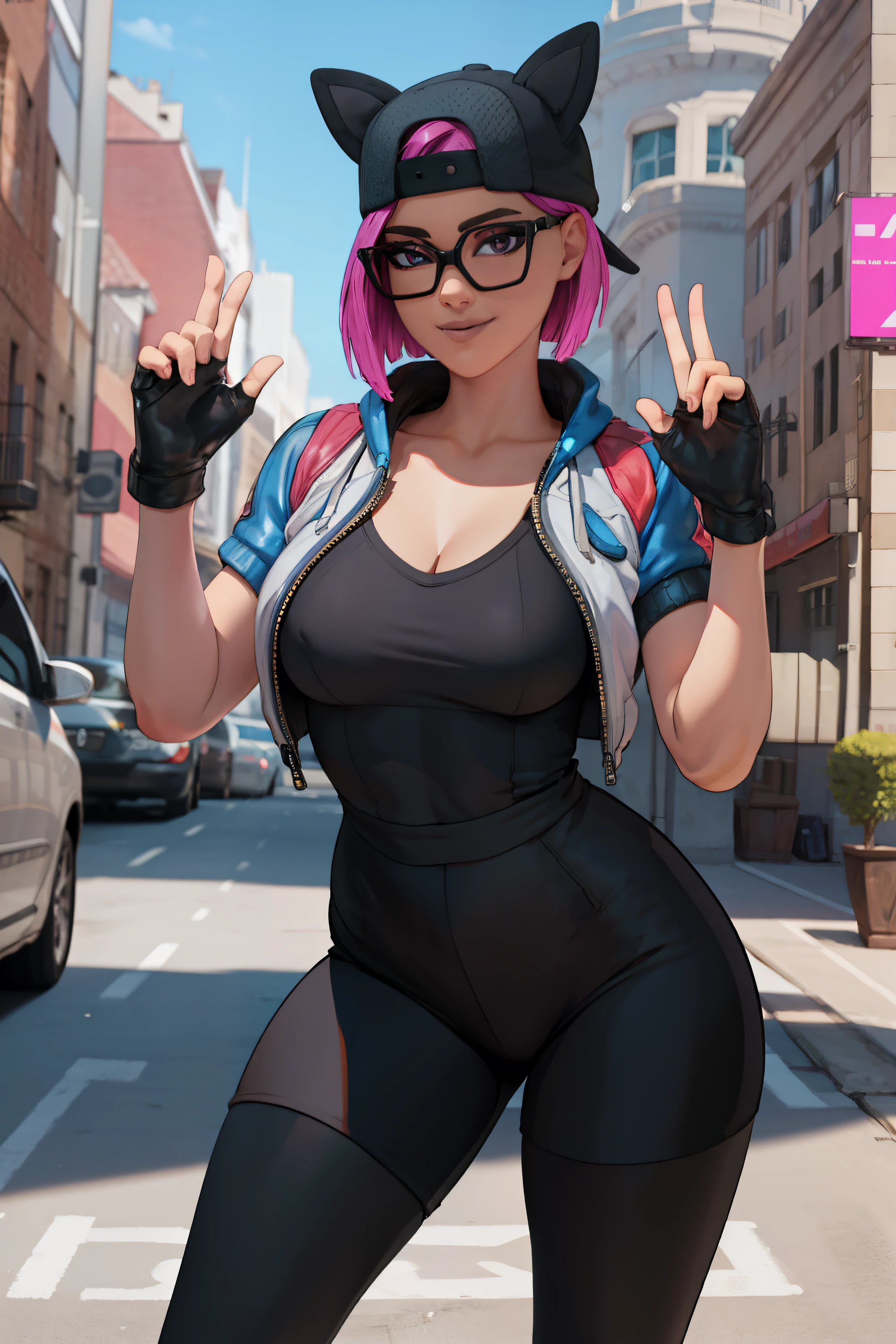 (masterpiece), (best quality), standing, (solo), looking at viewer, high detailed,extremely detailed, fine eyes, smile,dynamic pose, short pink hair,cap,loose black v neck t shirt, jacket,fingerless glove,curvy,glasses,(gray leggings),(portrait:1.2),