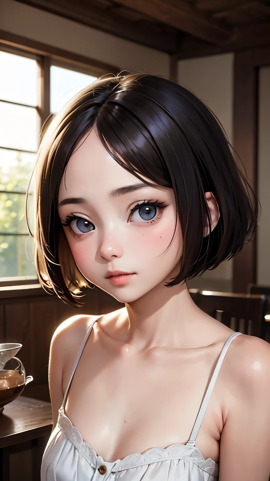 short hairと白のシャツ, short hair, 前髪のあるshort hair, Woman with pretty face, Cute little face in a portrait, French Bob, White skin!!, 短い茶色の髪とBig eyes, Soft Portrait Shot 8k, Beautiful light、Big eyes, Beautiful girl, Young girl with bob cut, Best image quality, Tabletop, Leonardo da Vinci's Notebooks Da Vinci, Leonardo da Vinci's manuscript in the background,Swimwear,