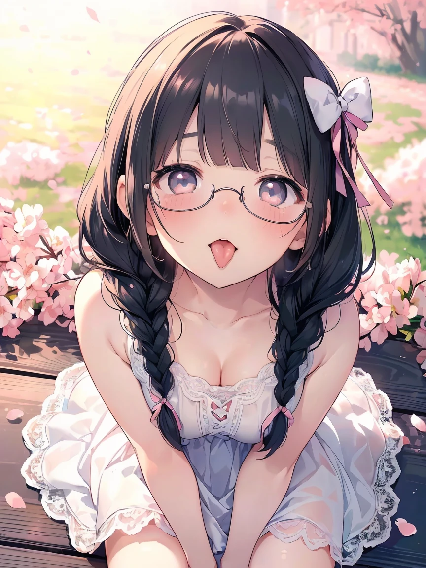 Very detailed, highest quality, High resolution, Moe Anime, ((A cute  with black hair and droopy eyes)), ((Wearing large round glasses:1.4)), (Baby Face), Cute eyes, eye depiction, Sparkle in the eyes, View your viewers, Pale skin, (Big eyes:1.4, Droopy eyes:1.4, Fatty face:1.4), smile, Focus on the face, In the park with cherry blossoms falling, Sitting, (Extreme close up of tongue), (((From above))), Open your mouth, (((Face only:1.3))), ((white lace sleeveless dress)), Bright Eyes, Light from the front, (Put your hands between your legs:1.4), large and long tongue, Cleavage, Braided hairstyle, Pink ribbon