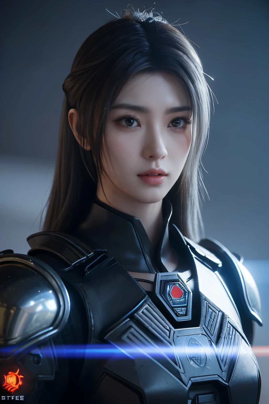 Masterpiece,Game art,The best picture quality,Highest resolution,8K,(Portrait),Unreal Engine 5 rendering works,(Digital Photography),((Portrait Feature:1.5)),
20 year old girl,Short hair details,With long bangs,(The red eye makeup is very meticulous),(With long gray hair:1.4),(Large, full breasts),Elegant and noble,Brave and charming,
(Future armor combined with the characteristics of ancient Chinese armor,Hollow design,Power Armor,The mysterious Eastern runes,A delicate dress pattern,A flash of magic),Warrior of the future,Cyberpunk figures,Background of war,
Movie lights,Ray tracing,Game CG,((3D Unreal Engine)),OC rendering reflection pattern
