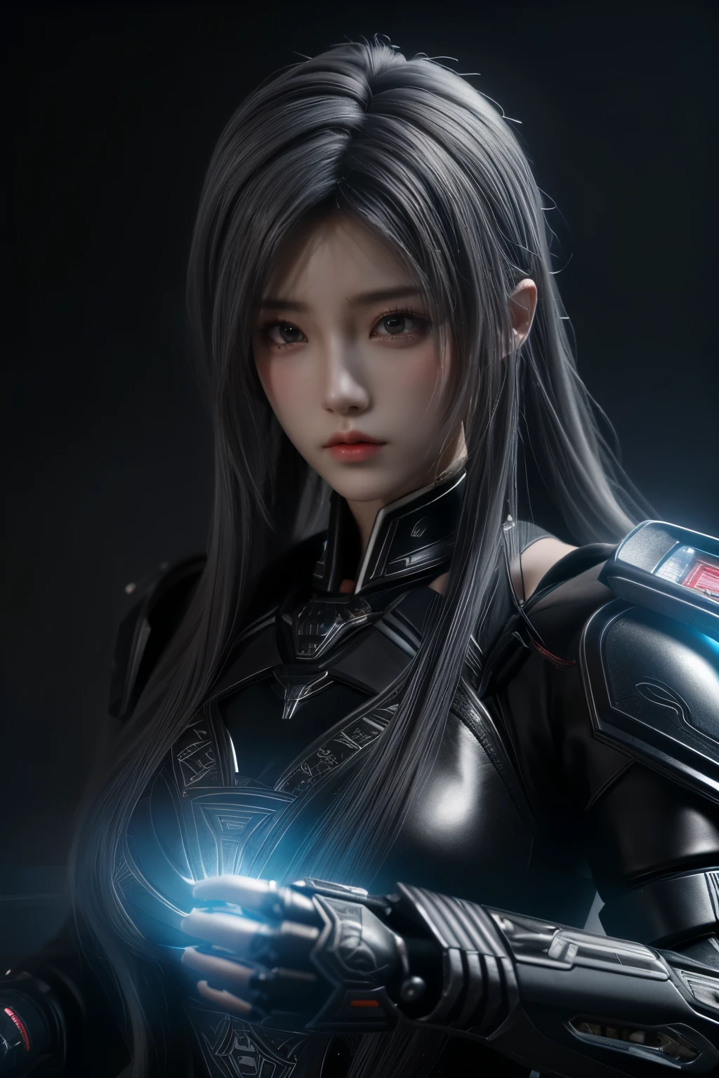 Masterpiece,Game art,The best picture quality,Highest resolution,8K,(Portrait),Unreal Engine 5 rendering works,(Digital Photography),((Portrait Feature:1.5)),
20 year old girl,Short hair details,With long bangs,(The red eye makeup is very meticulous),(With long gray hair:1.4),(Large, full breasts),Elegant and noble,Brave and charming,
(Future armor combined with the characteristics of ancient Chinese armor,Hollow design,Power Armor,The mysterious Eastern runes,A delicate dress pattern,A flash of magic),Warrior of the future,Cyberpunk figures,Background of war,
Movie lights,Ray tracing,Game CG,((3D Unreal Engine)),OC rendering reflection pattern