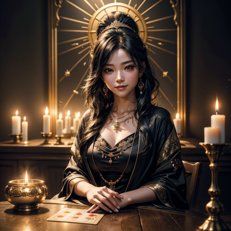 top quality, masterpiece, hi-res, 1 woman, 35 years old, Japanese, western style fortune teller outfit, hair ornament, necklace, jewelry, beautiful face, calm smile, upon_body, Tyndall effect, photorealistic, divination room, candles on table, tarot cards, rim lighting, two tone Lighting, (High Definition Skin:1.2), 8k uhd, DSLR, soft lighting, high quality, volumetric lighting, candid, photography, high resolution, 4k, 8k, bokeh