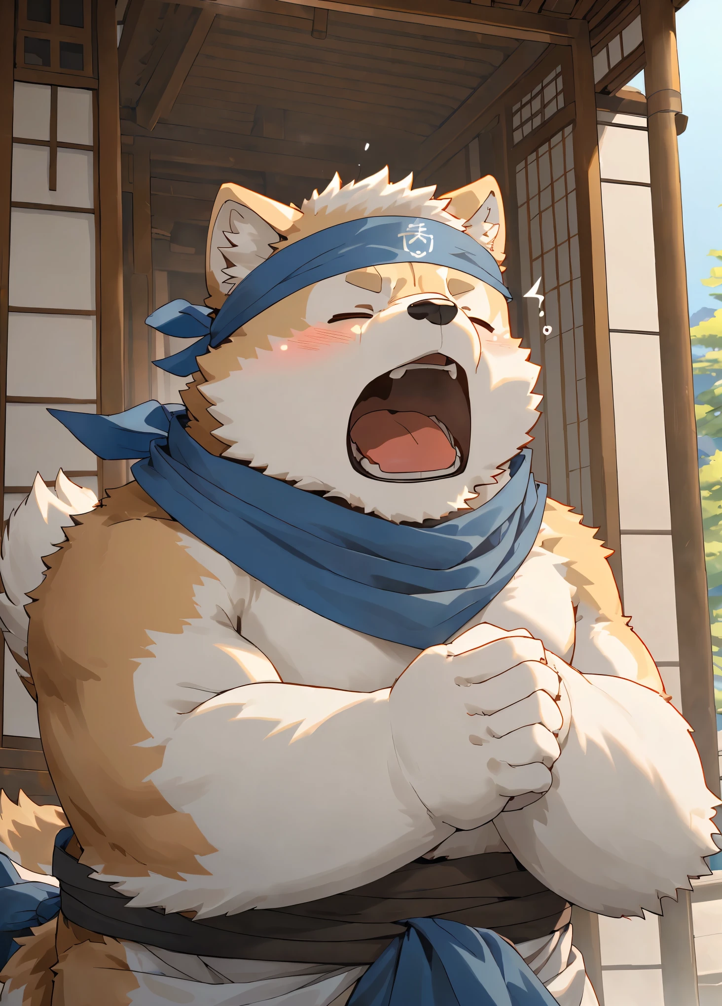 (masterpiece)，(Very detailed)，(best quality)，hairy，Shiba Inu，fur，white hair，Gray pupil，(Japan samurai attire)，((blue scarf))，((Brown Headband))，(((yawn)))，((Expression of sleepiness))，(blush:1.1)，((Lovely))，Temple Background，8k，(high quality)，(Ultra HD)，(Super detailed)