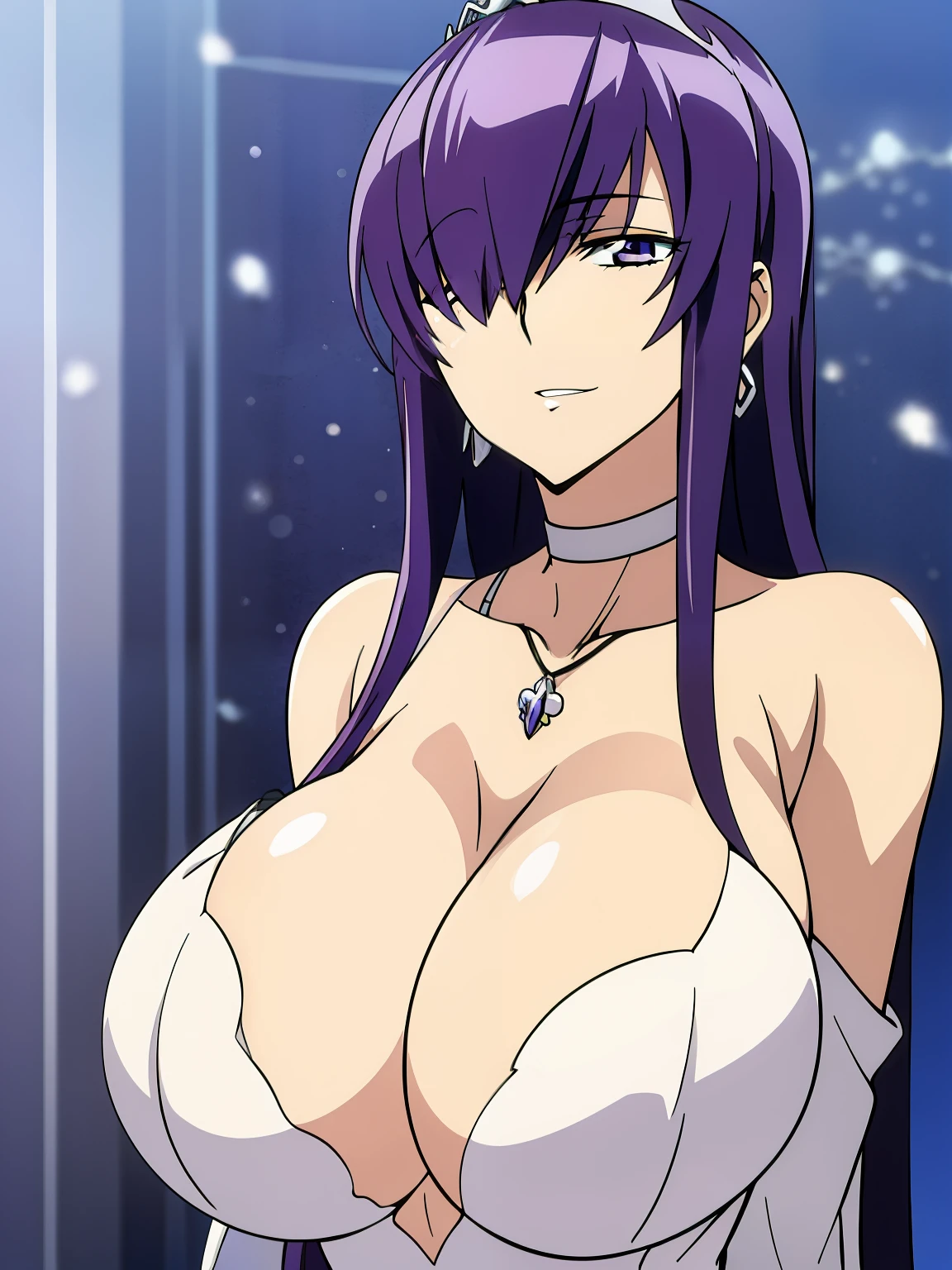 Off-the-shoulder white wedding dress, Snow White Veil, choker, silver tiara, necklace, earrings, church background, kanu unchou, anime cels style, best quality, high resolution, 1girl, (huge breasts:1.2), beautiful face, purple hair, long hair, ((hair over one eye)), closed eye, puckered up lips, want to kiss