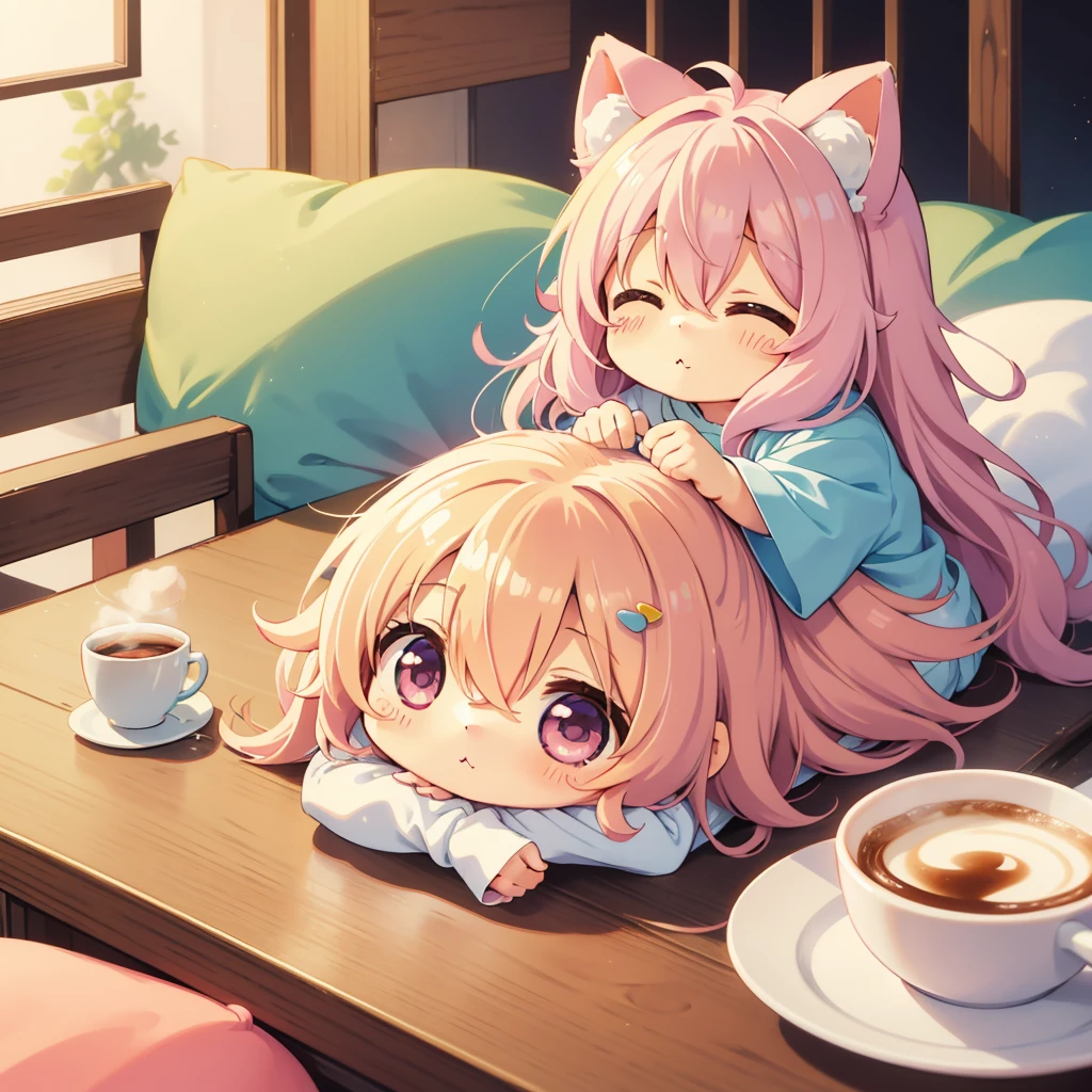 PastelColors、Fluffy futon in coffee cup、(((Chibi)))、Fluffy girl living in a coffee cup、Place your hand on the rim of the coffee cup、Cute as an angel、A house made of sweets、Yurukyara、PastelColors、Soft light、Everything is loose、Heartwarming、Warm fuzzy、Stuffed animals have round eyes、