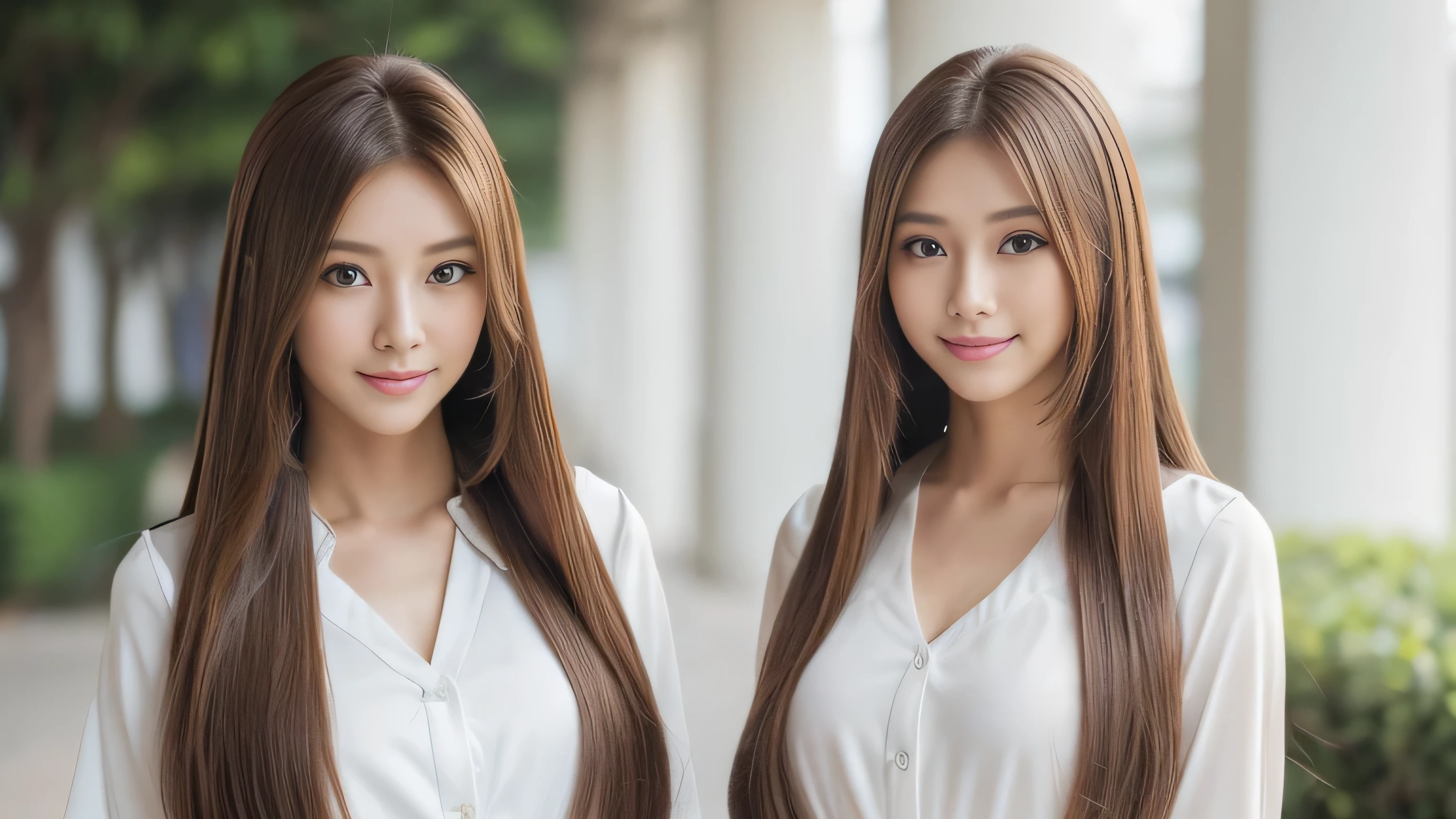 (((Identical twins standing happily facing each other Standing photo from the front))) (two women with length brown hair posing for a picture, thin and shiny hair, Ulzzang, long and straight hair of brown color,, Brown long hair, beautifulgemini portrait, Brown long hair, beautifulgemini, length Hair, Smooth Hair, Flowing brown hair, With the same hairstyle, length, Flat Hair, length brown hair, Attractive long hair, Beautiful brown hair Two women with long brown hair posing for a photograph, Digital Art inspired by Wang Duo, tumbler, Digital Art, thin and shiny hair, Ulzzang, long and straight hair of brown color,, Brown long hair, beautifulgemini portrait, Brown long hair, beautifulgemini, length Hair, Smooth Hair, Flowing brown hair, With the same hairstyle, length, Flat Hair) ((both sides Random poses showing as much back and hair as possible:1.8)) ((Both sides Beautiful 24 year old hair model with long black hair, girl with super Very long hair that reaches down to the ankles, extremely Very long hair that reaches down to the ankles, Very long hair that reaches down to the ankles,Very long hair that reaches down to the ankles , Flowing Hair, very Very long hair that reaches down to the ankles, Very long hair that reaches down to the anklesgirl,Very long hair that reaches down to the ankles , flowing light brown hair, length Hair windy, Very long light brown hair, flowing light brown hair,Incredibly straight long-lasting hair, Abnormally long髪!!!! Her highest quality!!!! hair is long and straight., very long light brown hair that reaches down to the ankles, highest quality light brown hair , , Highest quality long straightなVery long hair that reaches down to the ankles straight, beautiful, High quality hair, Very long hair that reaches down to the ankles and highest quality straight light brown hair, straight, highest quality light brown hair, Perfect silky straight hair of the highest quality, straight, highest quality light brown hair , lengthLight brown hair straight hair, length, Thick and voluminous light brown hair Her hair is long and straight, Very long light brown hair, Abnormally long、or very long light brown hair, very long, straight, Light brown hair that reaches down to her ankles, Abnormally very long straight, beautiful hair of the highest quality, length Hair, length, straight light brown hair ,Extraordinarily very long light brown hair that lasts forever and free straight light brown hair , straight light brown hair)) (Both sides bangs are perfect.:1.3) (Japan's most sexy and beautiful 24-year-old beauty model) (Both sides They look at the viewer with a very captivating expression...) ((highest quality)), ((masterpiece)), (Familiar) (Get used to it) Perfect Face (both sidesHer skin is a typical Japanese skin color. And very detailed) (Both SidesBig Tits:1.3) (both sides She is wearing a beautiful shiny white camisole.) (both sides She has a beautiful face and a typical Japanese figure...., Narrow eyes) (both sides She has perfect beautiful and sexy makeup and face Lipstick is light red A solid eyeliner) ((Rich 1.4)) (Very detailed)