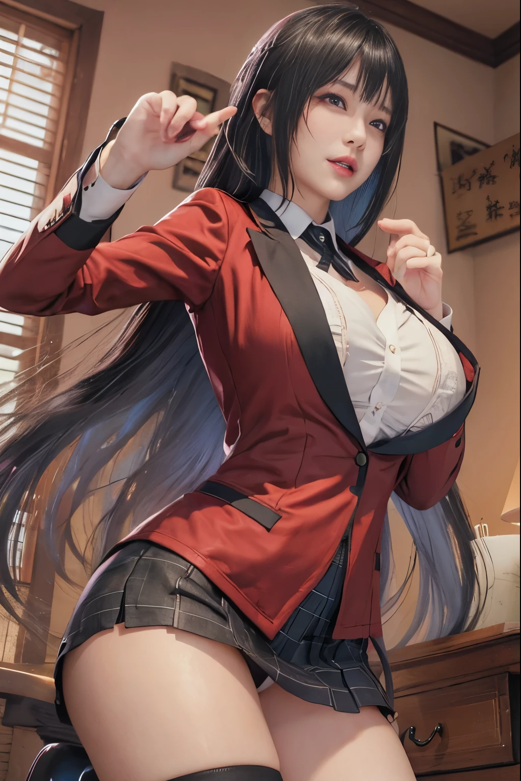 High resolution、masterpiece、One girl, Jabami Yumeko,hmjy1 long black hair,Red eyes,blush,Sexy Body,((uniform, Red jacket)), A red blazer with black trim on the cuffs and collar lining, White button-up dress shirt and black tie, Black and gray plaid miniskirt, black tights, そして茶colorのローファー. , Cowboy Shot,beautiful体,Perfect Eyes, perfect face,表情豊かな目のmasterpiece:1.0),(Highest_quality:1.0), かわいい笑face, , Beautiful and vibrant lighting, ,Slender beauty:1.4, Slim Abs, 引き締まったWaist, (笑face:1.2), Slim and long legs,,超High resolution,4k,Ultra-detailed, photograph, 8k, HDR, High resolution, Film Grain, Lens flare, (Vibrant_color:1.2), (beautiful_face:1.5),(narrow_Waist), Exquisite visuals, Highest quality,18-year-old、expensive,邪悪な笑face