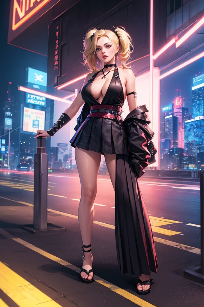 8k, ((Full Body Portrait)) ,masterpiece、Realistic:1.2, Realistic, Ultra-high resolution, ultra-quality, ultra-detailed, ultra-realistic, highest quality, (Solo, 1girl), (Masterpiece, Detailed, 4k), perfect face, perfect lips, perfect makeup, dark eyeshadow, Unreal Engine 5, (Full Body Portrait), absurd resolution, high resolution, sharp image, vibrant colors, Synthwave colors, Vaporwave colors, ((sexy Female Ninja)) with ((blonde hair, two ponytails in hair)), (pleated skirt), neon lights, night sky, neon city, katana, shuriken, kunai leg straps, sexy, beautiful