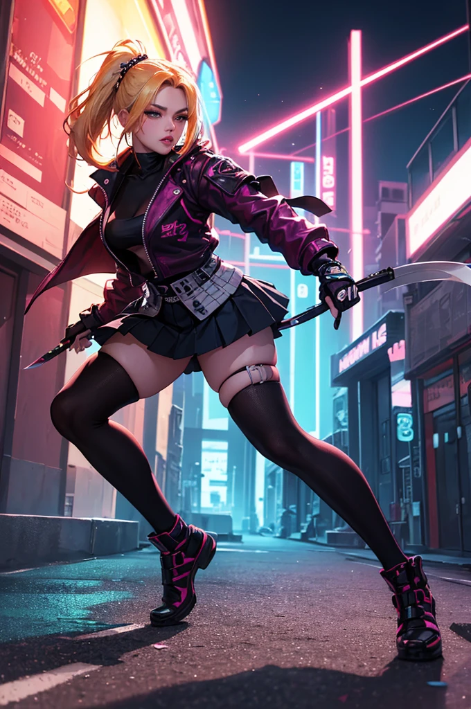 8k, ((Full Body Portrait)) ,masterpiece、Realistic:1.2, Realistic, Ultra-high resolution, ultra-quality, ultra-detailed, ultra-realistic, highest quality, (Solo, 1girl), (Masterpiece, Detailed, 4k), perfect face, perfect lips, perfect makeup, dark eyeshadow, Unreal Engine 5, (Full Body Portrait), absurd resolution, high resolution, sharp image, vibrant colors, Synthwave colors, Vaporwave colors, ((y Female Ninja)) with ((blonde hair, two ponytails in hair)), (pleated skirt), neon lights, night sky, neon city, katana, shuriken, kunai leg straps, sexbeautiful