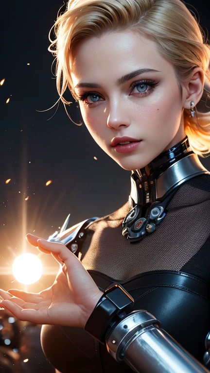 (skin dents:1.5), realistic, realistic, (masterpiece:1.5), concept art, intricate details, very detailed, realistic, octane rendering, 8k, unreal engine, dynamic pose, highest quality, High resolution, (realistic face:1.1), (hyper realism:1.1), ((full_body)), perfect eyes, (shiny skin: 1.2), (((hairstyle))), (((perfect hands)) ), (Very detailed background), ((dynamic background) ), ((sun)), (light), ((1 girl)), good looking, robot (((Shiny mechanical shape))), ((fine eyes, high quality eyes, high quality face)), (very complicated dress), short blonde hair, sun, sunlight, ((dramatic)), amazing, Depth of the bounds written, Bokeh, 4k, gothic, Ash, particle