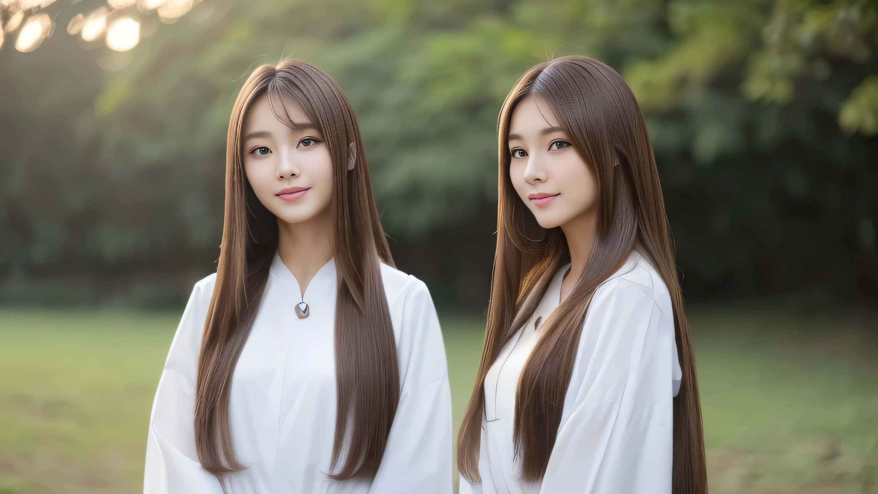 (((Identical twins standing happily facing each other Standing photo from the front))) (two women with length brown hair posing for a picture, thin and shiny hair, Ulzzang, long and straight hair of brown color,, Brown long hair, beautifulgemini portrait, Brown long hair, beautifulgemini, length Hair, Smooth Hair, Flowing brown hair, With the same hairstyle, length, Flat Hair, length brown hair, Attractive long hair, Beautiful brown hair Two women with long brown hair posing for a photograph, Digital Art inspired by Wang Duo, tumbler, Digital Art, thin and shiny hair, Ulzzang, long and straight hair of brown color,, Brown long hair, beautifulgemini portrait, Brown long hair, beautifulgemini, length Hair, Smooth Hair, Flowing brown hair, With the same hairstyle, length, Flat Hair) ((both sides Random poses showing as much back and hair as possible:1.8)) ((Both sides Beautiful 24 year old hair model with long black hair, girl with super Very long hair that reaches down to the ankles, extremely Very long hair that reaches down to the ankles, Very long hair that reaches down to the ankles,Very long hair that reaches down to the ankles , Flowing Hair, very Very long hair that reaches down to the ankles, Very long hair that reaches down to the anklesgirl,Very long hair that reaches down to the ankles , flowing light brown hair, length Hair windy, Very long light brown hair, flowing light brown hair,Incredibly straight long-lasting hair, Abnormally long髪!!!! Her highest quality!!!! hair is long and straight., very long light brown hair that reaches down to the ankles, highest quality light brown hair , , Highest quality long straightなVery long hair that reaches down to the ankles straight, beautiful, High quality hair, Very long hair that reaches down to the ankles and highest quality straight light brown hair, straight, highest quality light brown hair, Perfect silky straight hair of the highest quality, straight, highest quality light brown hair , lengthLight brown hair straight hair, length, Thick and voluminous light brown hair Her hair is long and straight, Very long light brown hair, Abnormally long、or very long light brown hair, very long, straight, Light brown hair that reaches down to her ankles, Abnormally very long straight, beautiful hair of the highest quality, length Hair, length, straight light brown hair ,Extraordinarily very long light brown hair that lasts forever and free straight light brown hair , straight light brown hair)) (Both sides bangs are perfect.:1.3) (Japan's most sexy and beautiful 24-year-old beauty model) (Both sides They look at the viewer with a very captivating expression...) ((highest quality)), ((masterpiece)), (Familiar) (Get used to it) Perfect Face (both sidesHer skin is a typical Japanese skin color. And very detailed) (Both SidesBig Tits:1.3) (both sides She is wearing a beautiful shiny white camisole.) (both sides She has a beautiful face and a typical Japanese figure...., Narrow eyes) (both sides She has perfect beautiful and sexy makeup and face Lipstick is light red A solid eyeliner) ((Rich 1.4)) (Very detailed)