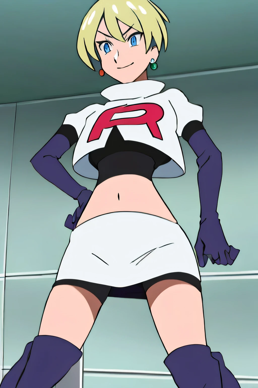 masterpiece,best quality,high res,high quality,8k, masterpiece,highres, team rocket uniform, red letter r, white skirt,white crop top,black thigh-high boots, black elbow gloves, smiling, looking down at viewer, hands on hips, cowboy shot, zettai ryouiki,spread legs,from below, black panties,anime style, vivid colors, sharp focus, intense lighting,merrin fe ,glossy lips, light makeup, eye shadow, earrings