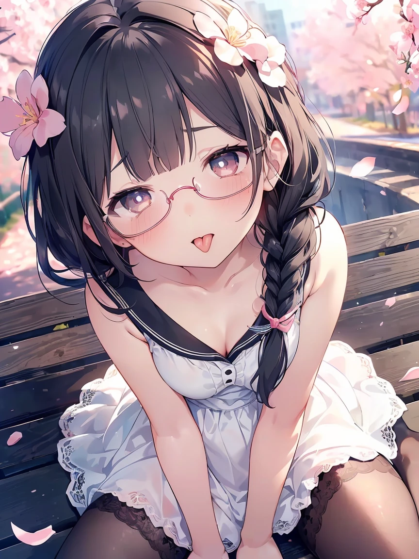 Very detailed, highest quality, High resolution, Moe Anime, ((A cute elementary school girl with black hair and droopy eyes)), ((Wearing large round glasses:1.4)), (Baby Face), Cute eyes, Detailed eye depiction, Sparkle in the eyes, View your viewers, Pale skin, (Big eyes:1.4, Droopy eyes:1.4, Fatty face:1.4), smile, Focus on the face, In the park with cherry blossoms falling, Sitting, (Extreme close up of tongue), (((From above))), Open your mouth, (((Face only:1.3))), ((white lace sleeveless dress)), Bright Eyes, Light from the front, (Put your hands between your legs:1.4), large and long tongue, Cleavage, Braided hairstyle, Pink ribbon