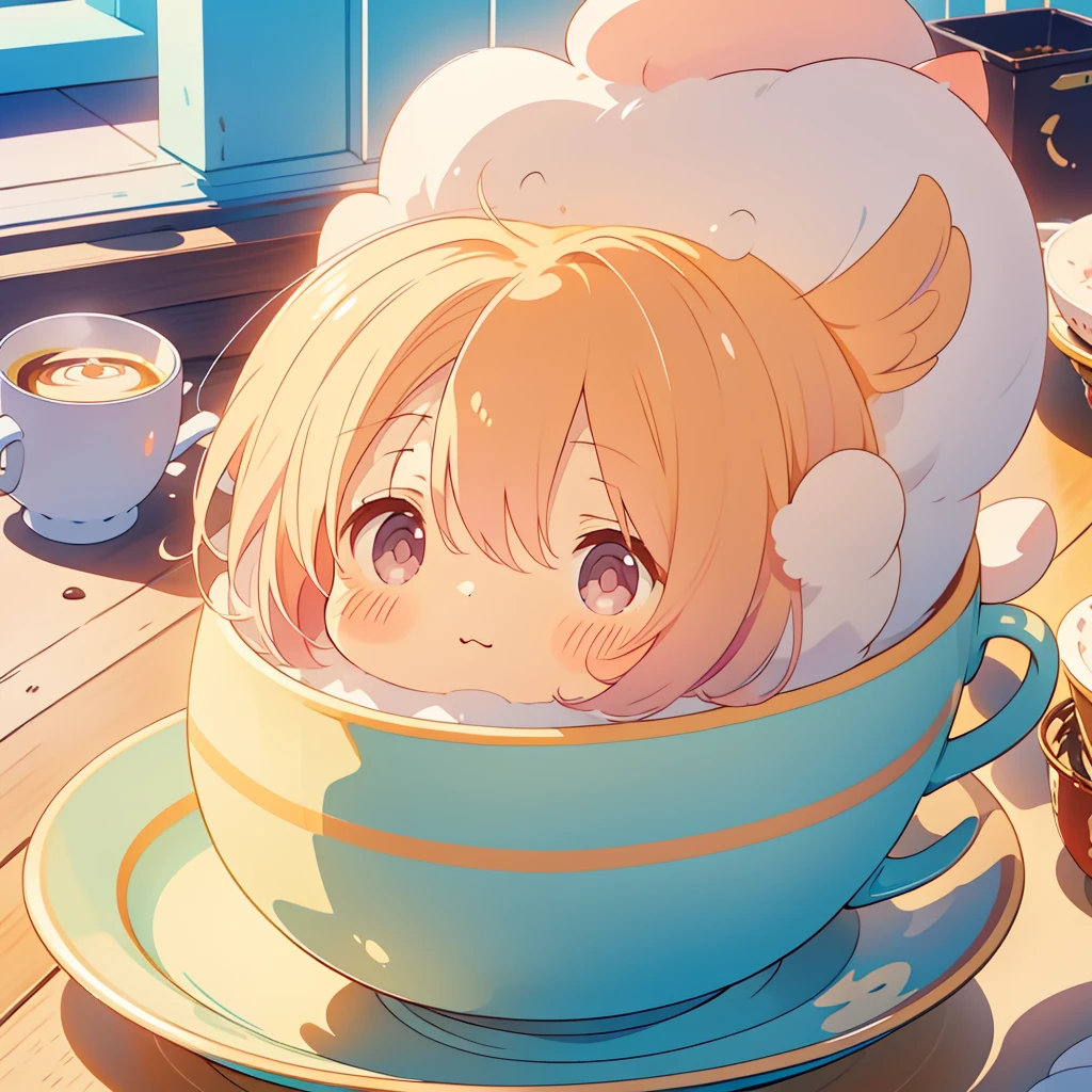 PastelColors、Fluffy futon in coffee cup、(((Chibi)))、Fluffy girl living in a coffee cup、Place your hand on the rim of the coffee cup、Cute as an angel、A house made of sweets、Yurukyara、PastelColors、Soft light、Everything is loose、Heartwarming、Warm fuzzy、Stuffed animals have round eyes、