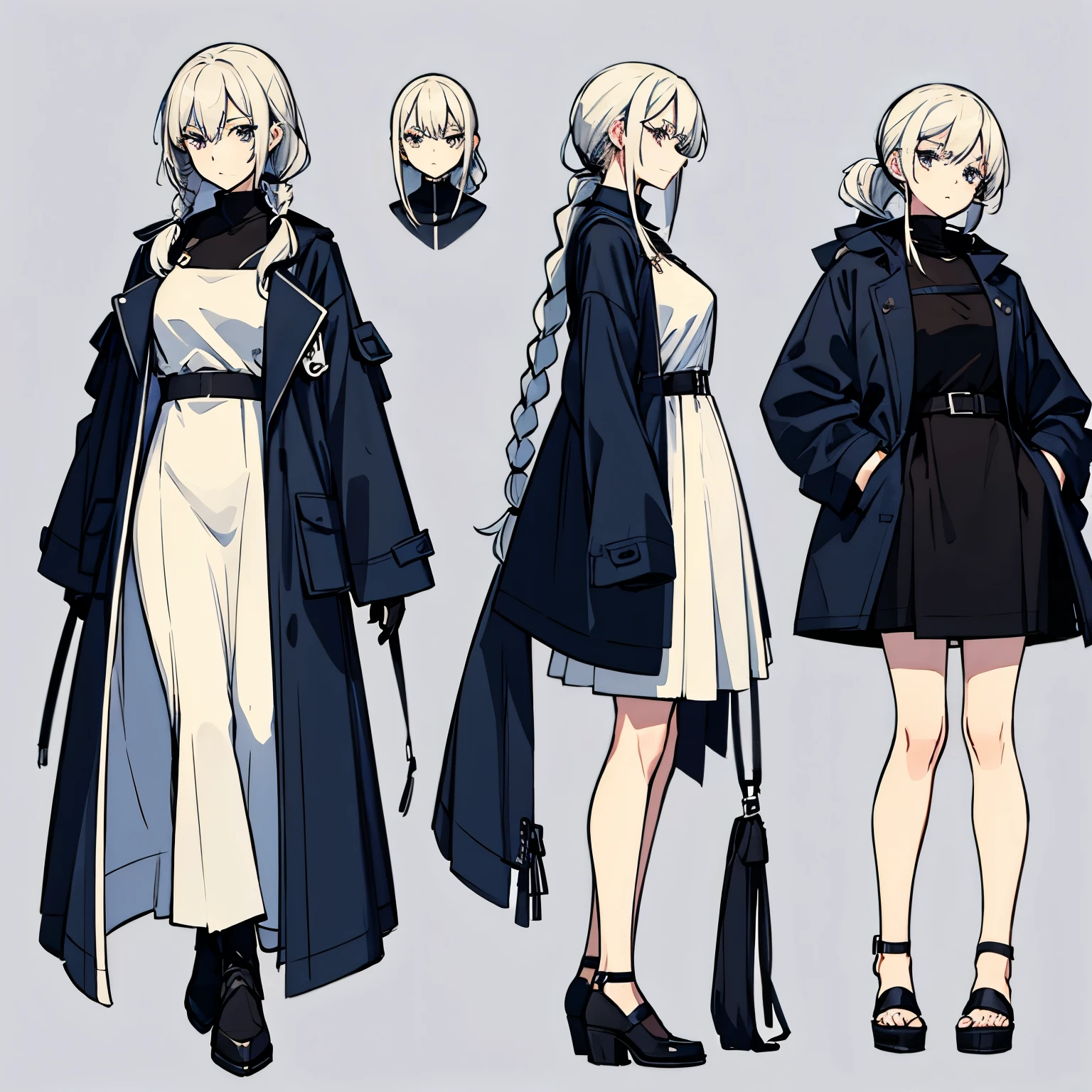 Character Design. Female, Cold and Nonchalant looking. Has a long pony tail that has braided stroke along it. Has a coat and wears a not-so-long dress