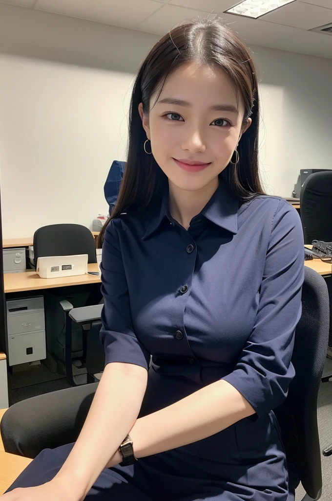 (Natural background), masterpiece, highest quality, shape, Very detailed, finely, High resolution, 8k wallpaper, 完璧なダイナミックな構shape, finelyて美しい目, Big Breasts, Natural color lip, Random pose, smile, ((office)), Beautiful woman, Full Body Shot, ((working office uniform)), (dark), Thinking Ahead, Sit on a chair