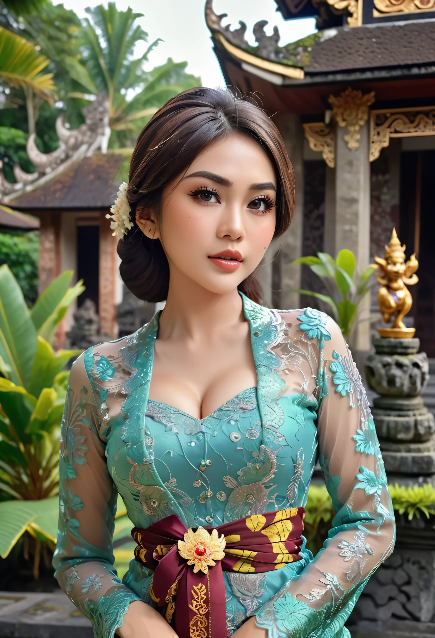 Illustrate a beautiful girl large breast close up dressed in kebaya, set against the backdrop of a Balinese temple. Ensure that the image is photorealistic and of top-quality 8K HDR, capturing every intricate detail of the scene.,kebaya,kebaya indonesia,p3rfect ,cleavage