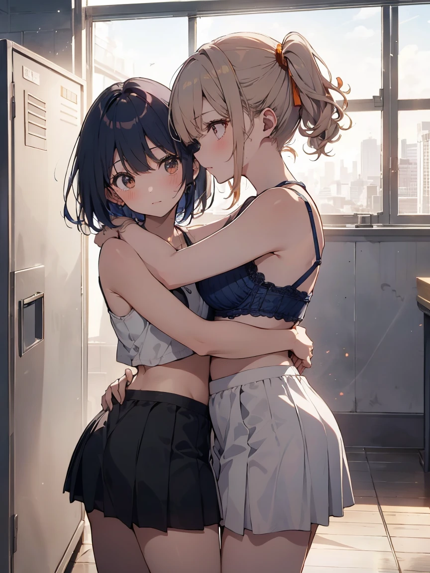 NSFW、(Anatomically correct、Masterpiece、Highest quality、Tabletop、Detailed construction)、(((Two beautiful girls, one with silver hair and the other with blonde hair and dark skin.)))、White shirt、(((Lesbian、Touching each other's crotches)))、(((Sweat)))、(((body fluid)))、(((Body odor、Sweat染み)))、(((pussy)))、(((Love juice)))、(((Touching the vagina)))、((Pubic hair))、((Gazing at each other))