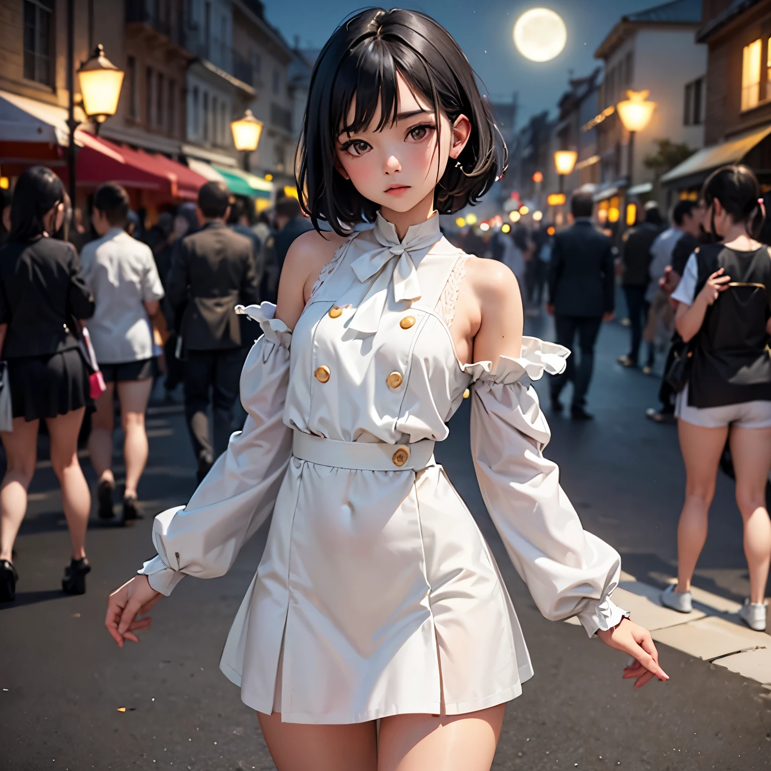(Half Body Shot,Street lamp,moon),masterpiece, One girl, Solo Exhibitions, Beautiful small breasted woman on a busy street, Surrounded by peddlers, Beautiful Goddess Girl Portrait, Beautiful and elaborate face, Porcelain-like skin, (((Bust Shot, center, night, Black Hair, short hair)), Very soft lighting, Symmetric, complicated, grace, Attention to detail, realism, art, concept art,White clothes