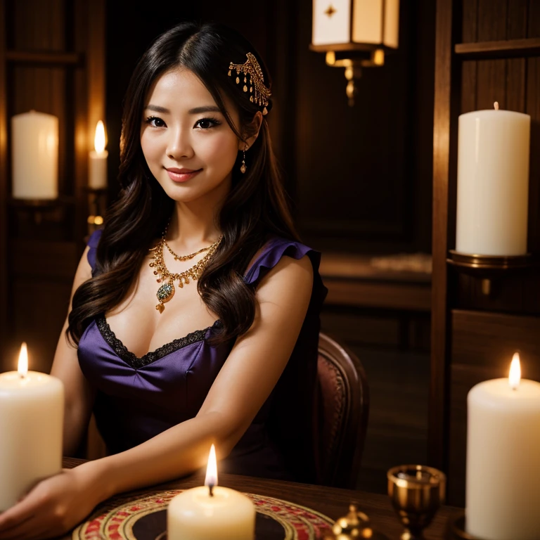 top quality, masterpiece, hi-res, 1 woman, 35 years old, Japanese, western style fortune teller outfit, hair ornament, necklace, jewelry, beautiful face, calm smile, upon_body, Tyndall effect, photorealistic, divination room, candles on table, tarot cards, rim lighting, two tone Lighting, (High Definition Skin:1.2), 8k uhd, DSLR, soft lighting, high quality, volumetric lighting, candid, photography, high resolution, 4k, 8k, bokeh