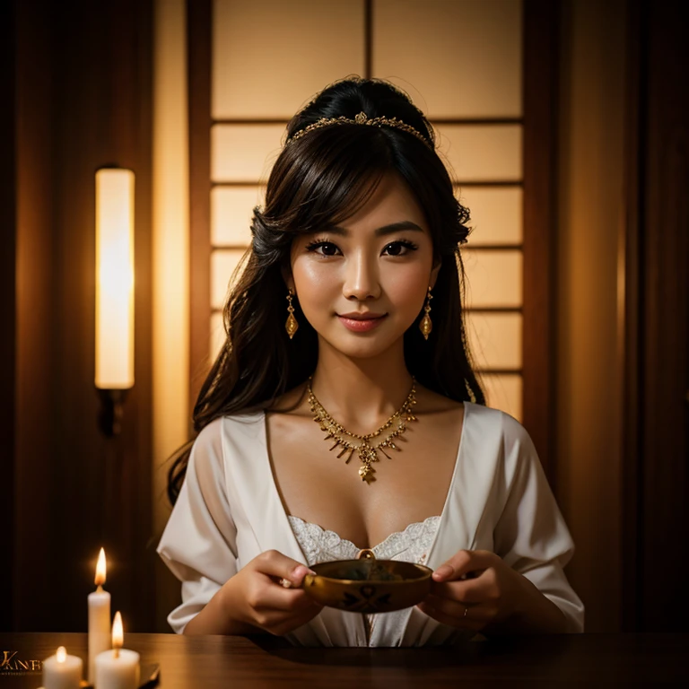 top quality, masterpiece, hi-res, 1 woman, 35 years old, Japanese, western style fortune teller outfit, hair ornament, necklace, jewelry, beautiful face, calm smile, upon_body, Tyndall effect, photorealistic, divination room, candles on table, tarot cards, rim lighting, two tone Lighting, (High Definition Skin:1.2), 8k uhd, DSLR, soft lighting, high quality, volumetric lighting, candid, photography, high resolution, 4k, 8k, bokeh