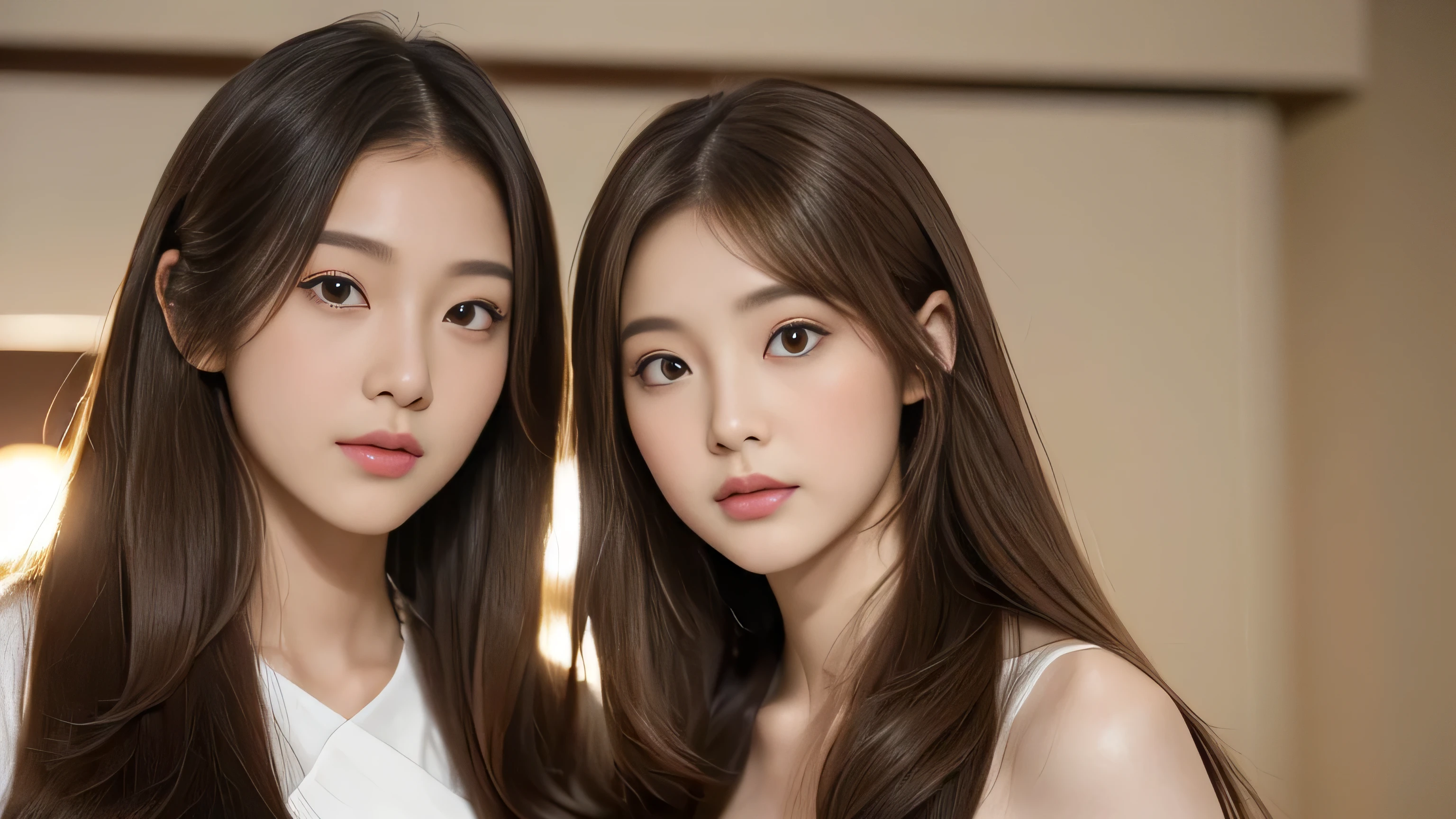 (((Identical twins standing happily facing each other Standing photo from the front))) (two women with length brown hair posing for a picture, thin and shiny hair, Ulzzang, long and straight hair of brown color,, Brown long hair, beautifulgemini portrait, Brown long hair, beautifulgemini, length Hair, Smooth Hair, Flowing brown hair, With the same hairstyle, length, Flat Hair, length brown hair, Attractive long hair, Beautiful brown hair Two women with long brown hair posing for a photograph, Digital Art inspired by Wang Duo, tumbler, Digital Art, thin and shiny hair, Ulzzang, long and straight hair of brown color,, Brown long hair, beautifulgemini portrait, Brown long hair, beautifulgemini, length Hair, Smooth Hair, Flowing brown hair, With the same hairstyle, length, Flat Hair) ((both sides Random poses showing as much back and hair as possible:1.8)) ((Both sides Beautiful 24 year old hair model with long black hair, girl with super Very long hair that reaches down to the ankles, extremely Very long hair that reaches down to the ankles, Very long hair that reaches down to the ankles,Very long hair that reaches down to the ankles , Flowing Hair, very Very long hair that reaches down to the ankles, Very long hair that reaches down to the anklesgirl,Very long hair that reaches down to the ankles , flowing light brown hair, length Hair windy, Very long light brown hair, flowing light brown hair,Incredibly straight long-lasting hair, Abnormally long髪!!!! Her highest quality!!!! hair is long and straight., very long light brown hair that reaches down to the ankles, highest quality light brown hair , , Highest quality long straightなVery long hair that reaches down to the ankles straight, beautiful, High quality hair, Very long hair that reaches down to the ankles and highest quality straight light brown hair, straight, highest quality light brown hair, Perfect silky straight hair of the highest quality, straight, highest quality light brown hair , lengthLight brown hair straight hair, length, Thick and voluminous light brown hair Her hair is long and straight, Very long light brown hair, Abnormally long、or very long light brown hair, very long, straight, Light brown hair that reaches down to her ankles, Abnormally very long straight, beautiful hair of the highest quality, length Hair, length, straight light brown hair ,Extraordinarily very long light brown hair that lasts forever and free straight light brown hair , straight light brown hair)) (Both sides bangs are perfect.:1.3) (Japan's most sexy and beautiful 24-year-old beauty model) (Both sides They look at the viewer with a very captivating expression...) ((highest quality)), ((masterpiece)), (Familiar) (Get used to it) Perfect Face (both sidesHer skin is a typical Japanese skin color. And very detailed) (Both SidesBig Tits:1.3) (both sides She is wearing a beautiful shiny white camisole.) (both sides She has a beautiful face and a typical Japanese figure...., Narrow eyes) (both sides She has perfect beautiful and sexy makeup and face Lipstick is light red A solid eyeliner) ((Rich 1.4)) (Very detailed)