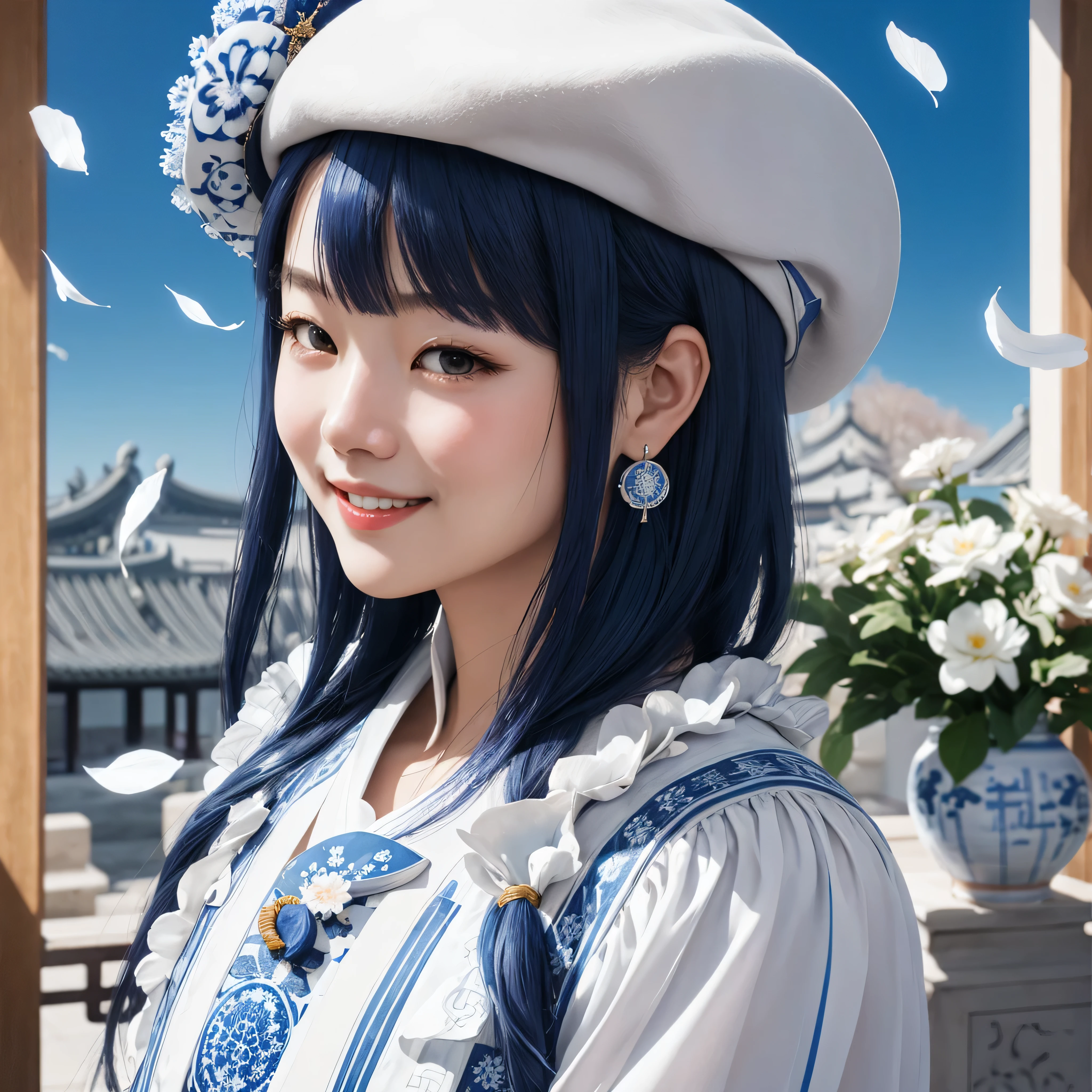 Blue and white porcelain,Ceramic material，femele，Embossed petals，artwork of a，Long hair, Ancient Chinese style，long eyelasher, solid circle eyes, Fake animal ears, Light smile, Ear blush, Fang, Striped hair, beret, beret, surrealism, shadowing, anaglyph, stereograms, tachi-e, angle of view, Atmospheric perspective, 8K, Super detail, ccurate, Best quality