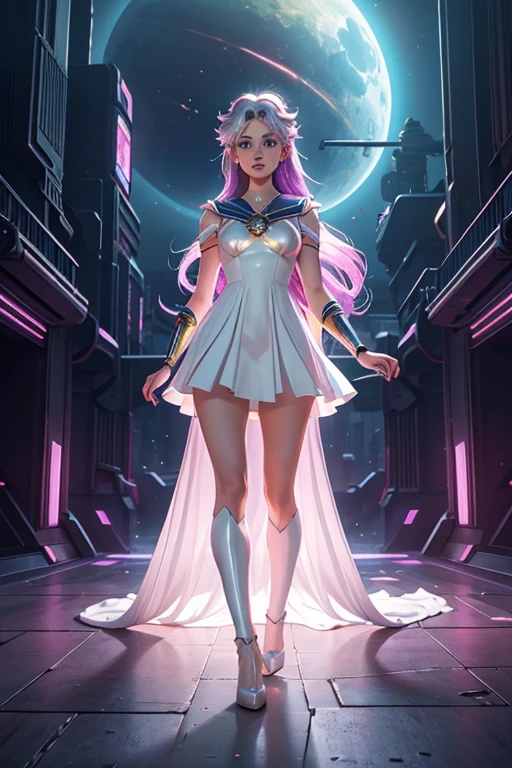 Top Quality, Masterpiece, Ultra High Definition, (Photorealistic: 1.4), Raw Photo, 1 Girl, Dramatic Lighting, Full Body, cyberpunk aesthetic, beautiful girl, light iridescent hair, long hair, pastel cybernetics, grey eyes, long eyelashes, full lips, celestial, light, sailor moon inspired, forehead tiara, half body, cyber city background, white mage, happy, whimsical fantasy dress, fantasy outfit, whimsical