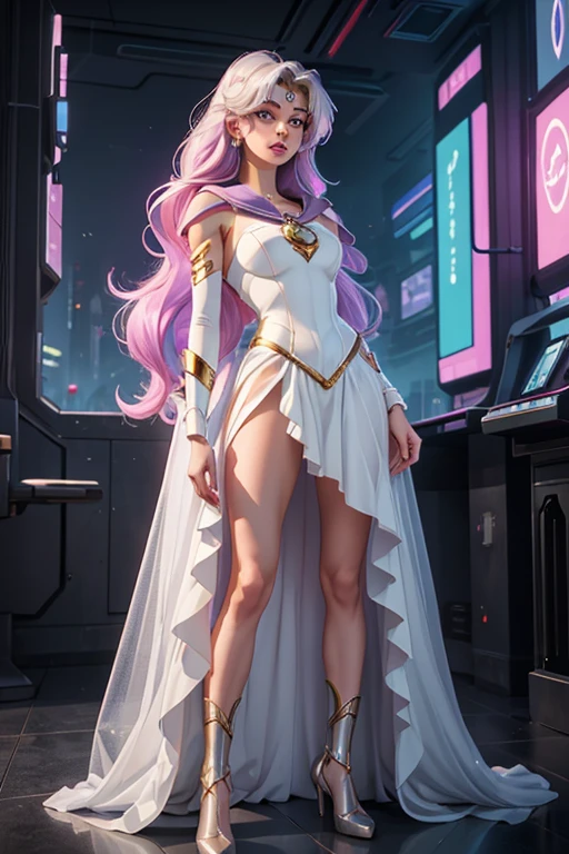 Top Quality, Masterpiece, Ultra High Definition, (Photorealistic: 1.4), Raw Photo, 1 Girl, Dramatic Lighting, Full Body, cyberpunk aesthetic, beautiful girl, light iridescent hair, long hair, pastel cybernetics, grey eyes, long eyelashes, full lips, celestial, light, sailor moon inspired, forehead tiara, half body, cyber city background, white mage, happy, whimsical fantasy dress, fantasy outfit, whimsical