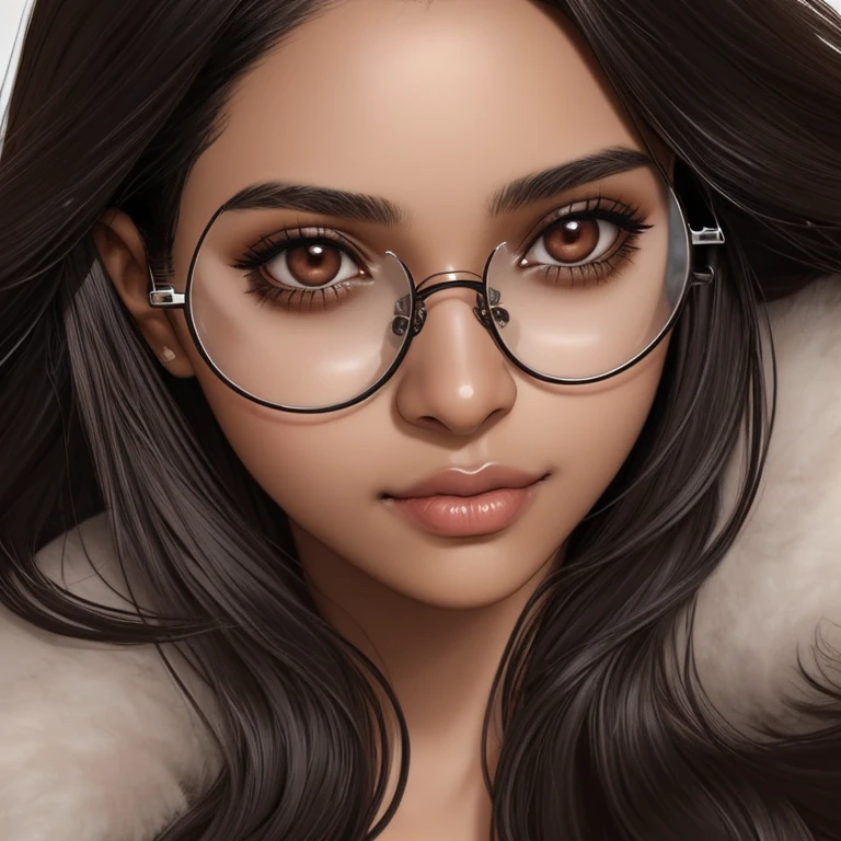 a brown skin girl, long black hair, dark eyes, silver glasses, soft smile, close-up, portrait