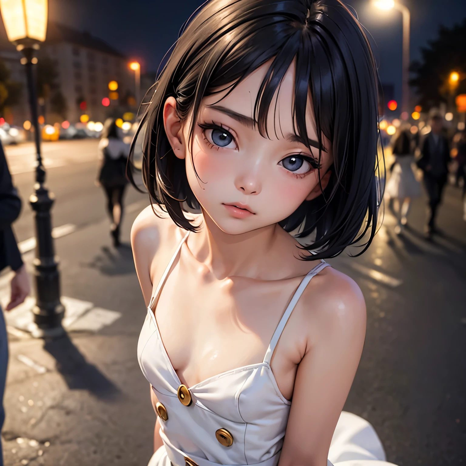 (Half Body Shot,Street lamp,moon),masterpiece, One girl, Solo Exhibitions, Beautiful small breasted woman on a busy street, nightのビーチ, Beautiful Goddess Girl Portrait, Beautiful and elaborate face, Porcelain-like skin, (((Bust Shot, center, night, Black Hair, short hair)), Very soft lighting, Symmetric, complicated, grace, Attention to detail, realism, art, concept art,White clothes