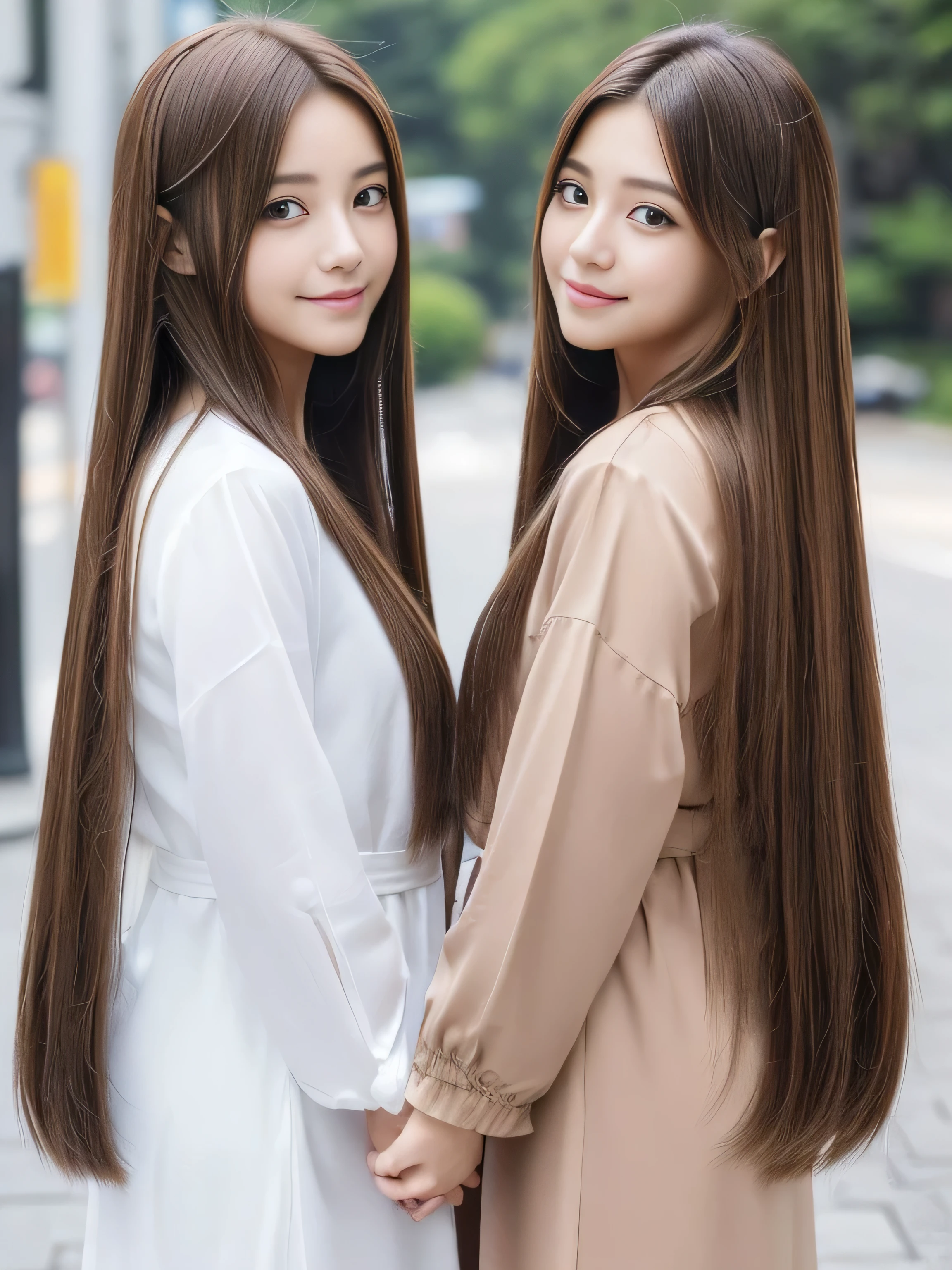 (((Identical twins standing happily facing each other Standing photo from the front))) (two women with length brown hair posing for a picture, thin and shiny hair, Ulzzang, long and straight hair of brown color,, Brown long hair, beautifulgemini portrait, Brown long hair, beautifulgemini, length Hair, Smooth Hair, Flowing brown hair, With the same hairstyle, length, Flat Hair, length brown hair, Attractive long hair, Beautiful brown hair Two women with long brown hair posing for a photograph, Digital Art inspired by Wang Duo, tumbler, Digital Art, thin and shiny hair, Ulzzang, long and straight hair of brown color,, Brown long hair, beautifulgemini portrait, Brown long hair, beautifulgemini, length Hair, Smooth Hair, Flowing brown hair, With the same hairstyle, length, Flat Hair) ((both sides Random poses showing as much back and hair as possible:1.8)) ((Both sides Beautiful 24 year old hair model with long black hair, girl with super Very long hair that reaches down to the ankles, extremely Very long hair that reaches down to the ankles, Very long hair that reaches down to the ankles,Very long hair that reaches down to the ankles , Flowing Hair, very Very long hair that reaches down to the ankles, Very long hair that reaches down to the anklesgirl,Very long hair that reaches down to the ankles , flowing light brown hair, length Hair windy, Very long light brown hair, flowing light brown hair,Incredibly straight long-lasting hair, Abnormally long髪!!!! Her highest quality!!!! hair is long and straight., very long light brown hair that reaches down to the ankles, highest quality light brown hair , , Highest quality long straightなVery long hair that reaches down to the ankles straight, beautiful, High quality hair, Very long hair that reaches down to the ankles and highest quality straight light brown hair, straight, highest quality light brown hair, Perfect silky straight hair of the highest quality, straight, highest quality light brown hair , lengthLight brown hair straight hair, length, Thick and voluminous light brown hair Her hair is long and straight, Very long light brown hair, Abnormally long、or very long light brown hair, very long, straight, Light brown hair that reaches down to her ankles, Abnormally very long straight, beautiful hair of the highest quality, length Hair, length, straight light brown hair ,Extraordinarily very long light brown hair that lasts forever and free straight light brown hair , straight light brown hair)) (Both sides bangs are perfect.:1.3) (Japan's most sexy and beautiful 24-year-old beauty model) (Both sides They look at the viewer with a very captivating expression...) ((highest quality)), ((masterpiece)), (Familiar) (Get used to it) Perfect Face (both sidesHer skin is a typical Japanese skin color. And very detailed) (Both SidesBig Tits:1.3) (both sides She is wearing a beautiful shiny white camisole.) (both sides She has a beautiful face and a typical Japanese figure...., Narrow eyes) (both sides She has perfect beautiful and sexy makeup and face Lipstick is light red A solid eyeliner) ((Rich 1.4)) (Very detailed)