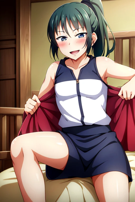 ((highest quality)), ((masterpiece)), (be familiar with), Perfect Face, indoor, Bedroom, Watching the audience,
One woman, Zenyuan Maki,
Open Mouth, Ecstatic expression, blush, smile,
Small breasts, Flat Chest, Young Girl, , , Girl,
Long Hair, ponytail,
Leg spread,