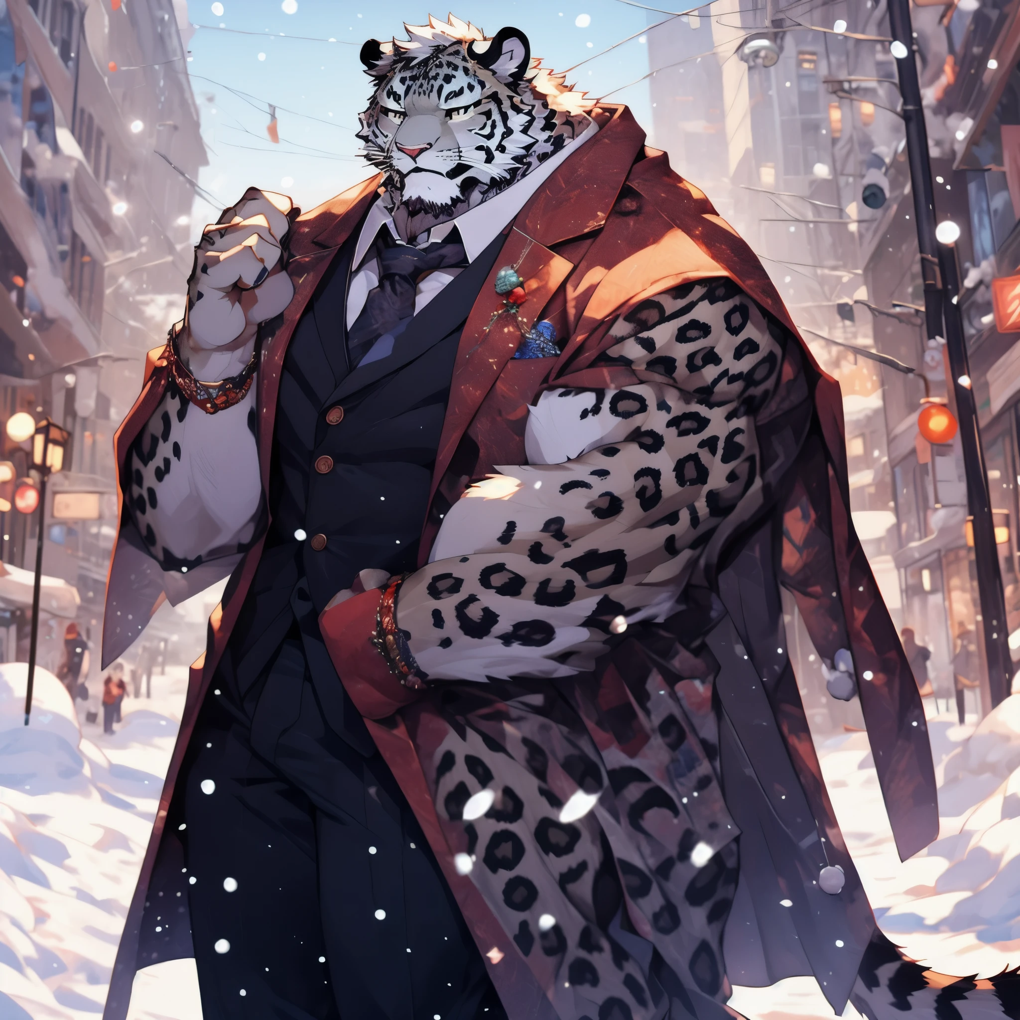 Snowing city modern high-rise buildings muscular people in suits gorgeous snow leopards leopards snowy white fur（Detailed）Christmas tree Christmas Eve