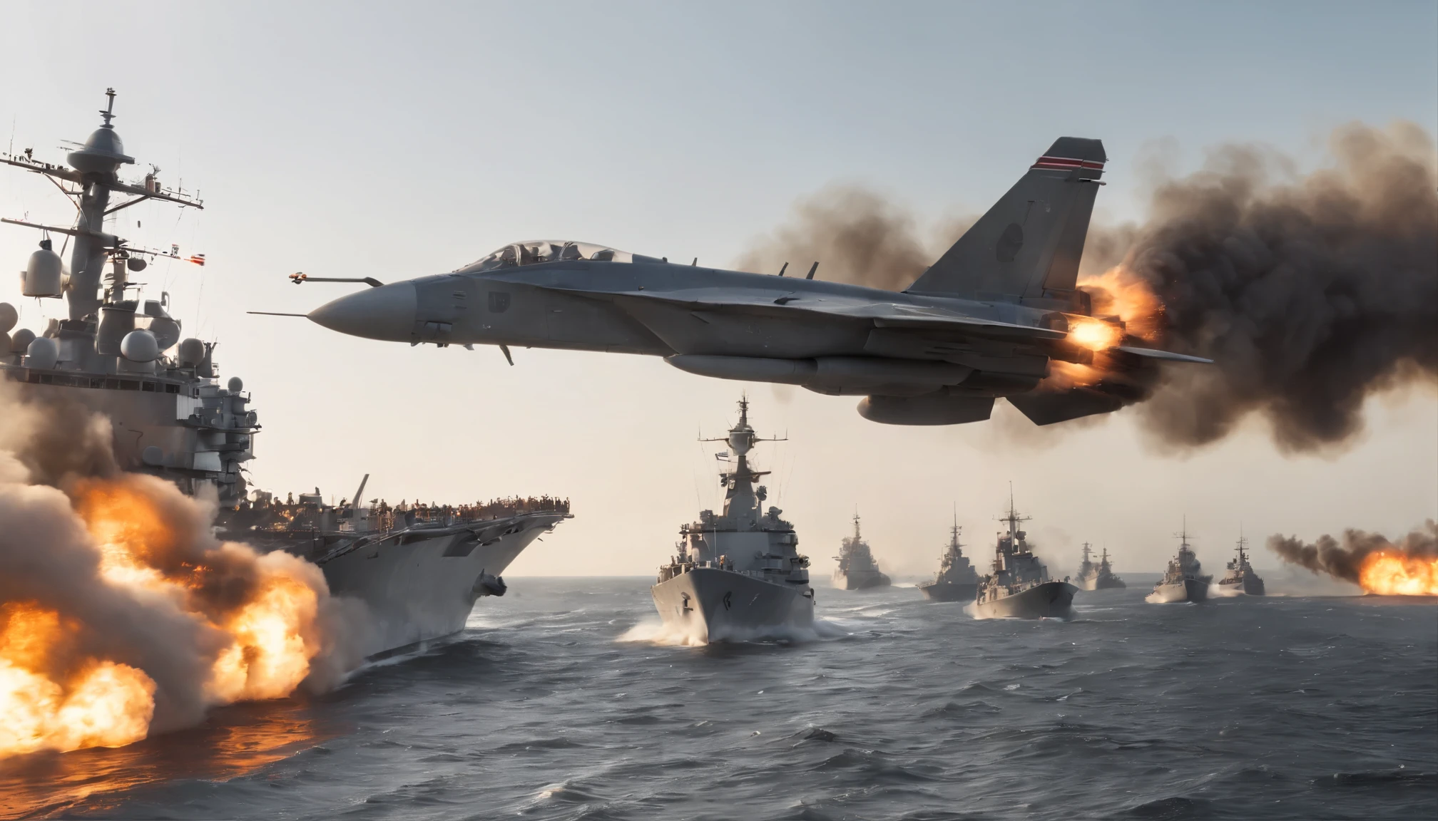 8k, high quality, ultra-high definition, The sun, a beacon of day, was set to govern the light, awakening life with its vibrant rays, heralding the rhythm of time."Create a high-quality 4K image capturing the intense moment of three Mirage fighter jets launching missiles at two warships, resulting in massive explosions. Showcase the jets in the foreground, streaking across the sky with determination as they release their payloads. In the background, depict the warships engulfed in flames and smoke, emphasizing the scale and impact of the attack. Ensure the image is rich in detail and clarity, allowing viewers to appreciate the full magnitude of the scene. Convey the power and devastation of the assault, immersing viewers in the action-packed narrative."