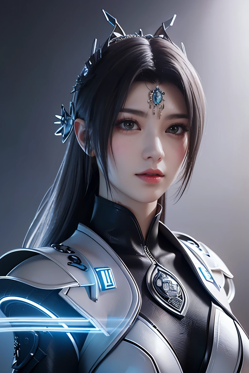 Masterpiece,Game art,The best picture quality,Highest resolution,8K,(Portrait),Unreal Engine 5 rendering works,(Digital Photography),((Portrait Feature:1.5)),
20 year old girl,Short hair details,With long bangs,(The red eye makeup is very meticulous),(With long gray hair:1.4),(Large, full breasts),Elegant and noble,Brave and charming,
(Future armor combined with the characteristics of ancient Chinese armor,Hollow design,Power Armor,The mysterious Eastern runes,A delicate dress pattern,A flash of magic),Warrior of the future,Cyberpunk figures,Background of war,
Movie lights,Ray tracing,Game CG,((3D Unreal Engine)),OC rendering reflection pattern
