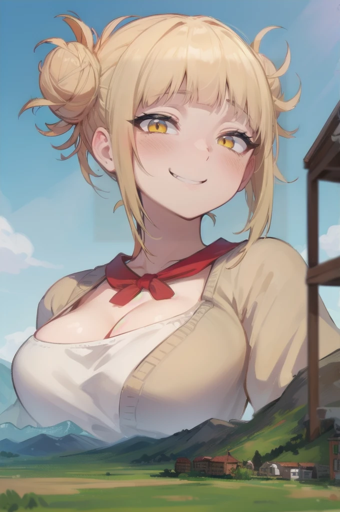 giantess, a tiny cityscape on a table below a giantess breasts and face, a giantess looming over a tiny cityscape from sky view, from below view, (simple background: 1.1), (store background: 1.2), (small petite), cleavage, (looking down), toga himiko, blonde hair, hair buns, messy hair, yellow eyes, (behind glass: 1.1), hands against glass, (looking straight down), (cityscape from sky view on a platform: 1.3), hills, cliffs, mountains, (crowds of people on ground: 1.3)