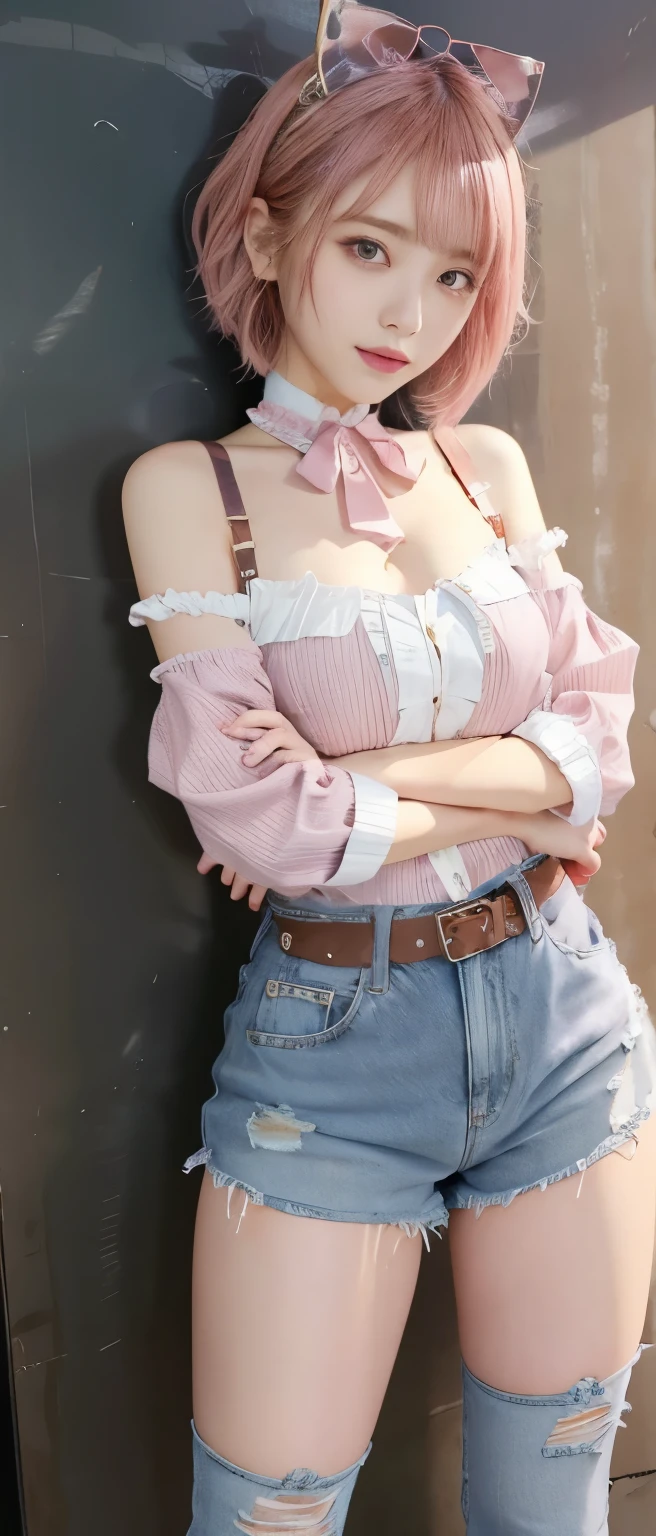 Cool idol girl、whole body、Good style、、、、、、、、Long distressed denim pants that show off your legs、、、、Pink Hair、Fancy belt、Fishnet tights、Off the shoulder