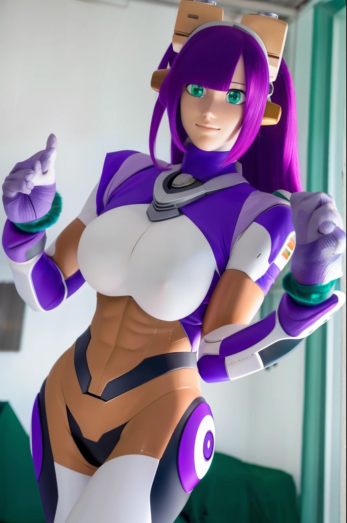 ultra detailed of a woman cyborg, 1girl, photorealistic, (natural skin texture, realistic eye details:1.2) layer_mega manx, alone, breasts, underboob, green eyes, purple hair, Android, long hair, bangs over eyes, robot ears, artwork, tan skin, high quality, hypnotized, spiral eyes, blank stare, in the bedroom, standing at attention