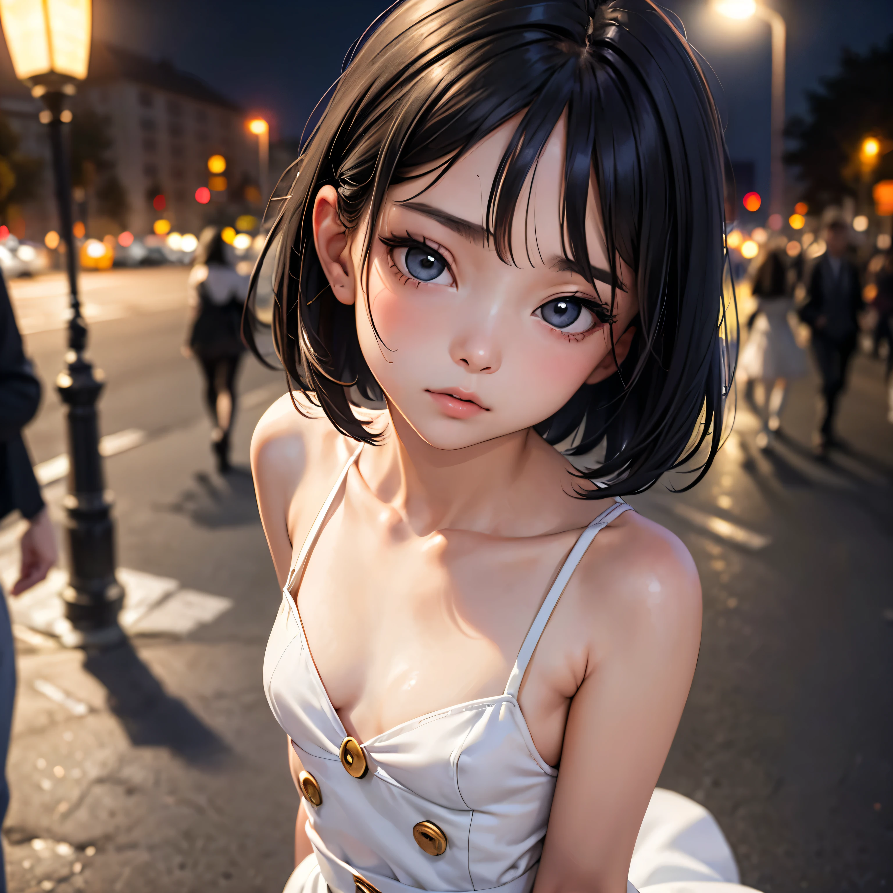 (Half Body Shot,Street lamp,moon),masterpiece, One girl, Solo Exhibitions, Beautiful woman with small breasts, nightのビーチ, Beautiful Goddess Girl Portrait, Beautiful and elaborate face, Porcelain-like skin, (((Bust Shot, center, night, Black Hair, short hair)), Very soft lighting, Full Shot,Symmetric, complicated, grace, Attention to detail, realism, art, concept art,White clothes