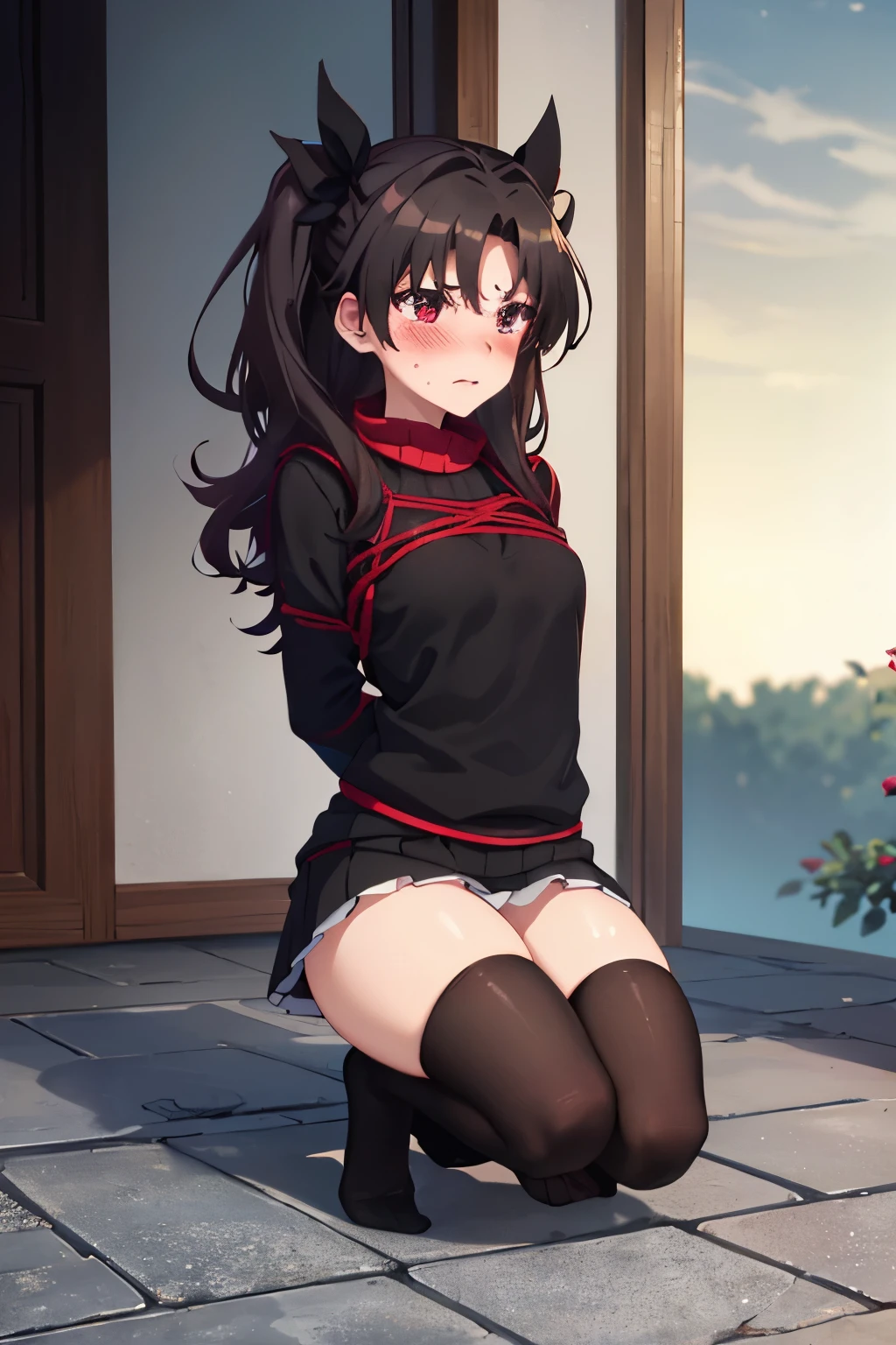 Rin Tohsaka, Aqua Augen, schwarzes Haar, hair Schleife, lange Haare, Schleife, Seitenlocken, zwei Seiten nach oben, black Rock, black Socks, long sleeve, miniRock, pleated Rock, ((red Pullover)), Rock, Pullover, Socks, Rollkragen, high quality, 4k, shibari, bound, crotch rope, shibari over clothes, (Arms behind Back:1.6), Arms bound, bondage, crotch rope, (blushing:1.6)