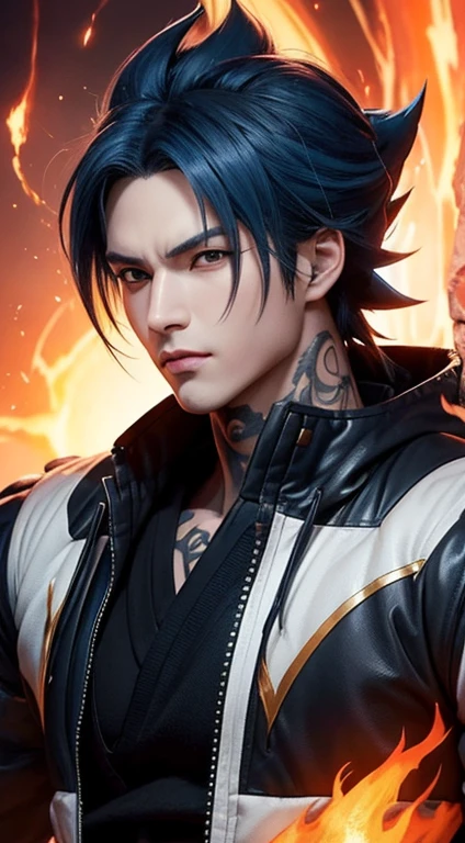 (Aesthetic, Hi-Res: 1.2), Get ready for a visual feast with Vegito 20 years old, solo, brilliant blue hair and tattoos, a creature with a handsome face and piercing golden eyes. In his transformed state, he radiates extreme instinct and power, creating an epic anime about this man of energy. See how he manipulates fire and lava in stunning anime artwork that will blow your mind. This concept art is straight from the Bleach Universe, with manga-style 8k wallpapers that will transport you to another dimension. Get ready to be amazed by this detailed piece of digital anime art, showcasing the ultimate combination of style and power.