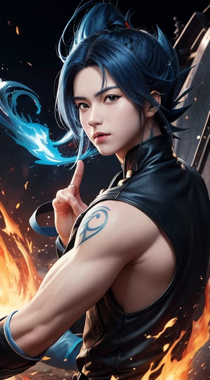 (Aesthetic, Hi-Res: 1.2), Get ready for a visual feast with Vegito 20 years old, solo, brilliant blue hair and tattoos, a creature with a handsome face and piercing golden eyes. In his transformed state, he radiates extreme instinct and power, creating an epic anime about this man of energy. See how he manipulates fire and lava in stunning anime artwork that will blow your mind. This concept art is straight from the Bleach Universe, with manga-style 8k wallpapers that will transport you to another dimension. Get ready to be amazed by this detailed piece of digital anime art, showcasing the ultimate combination of style and power.