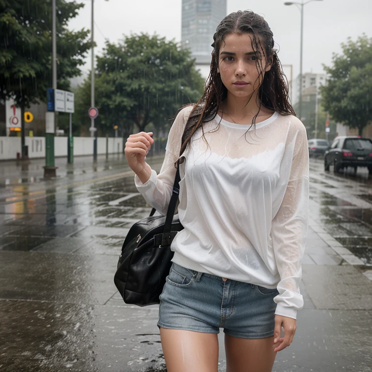 Photorealistic image of Isabella soaking wet standing in the rain, hair and are wet and sticking to her athletic form hands are down holding her bag.