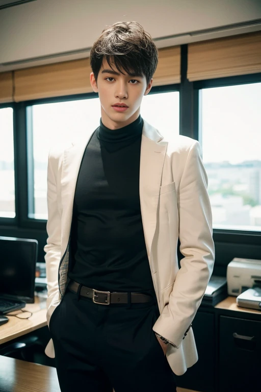 20-year-old refreshingly handsome new employee、((sexy slutty bodysuit)）、20 years old Japan man、1 person、Ultra-luxury 、　s Office、Young handsome man standing、（Highly detailed photos in 8K）、（Very detailed handsome man）、Photo Real）、（top-quality）、ultra-detailliert、​masterpiece、An ultra-high picture quality、tall、buzz cut haircut、Bright photo、Handsome like a model、Handsome like an idol、epic reality , epic photorealistic, ultra realism , photorealistic  ,