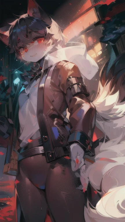 (Best image quality), (masterpiece), ((The only person)),(Super detailed), ()(Fluffy tail)(The furry sensation of animal ears,White),(Catwoman),(Red eyes),(Lolita costume),( Sweat on the body),(White silk lace),(Exposed skin area),(Expression)(White毛发)