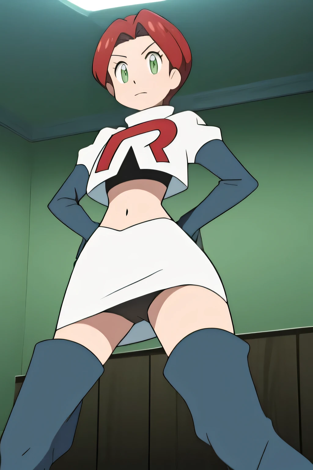masterpiece,best quality,high res,high quality,8k, masterpiece,highres, team rocket uniform, red letter r, white skirt,white crop top,black thigh-high boots, black elbow gloves, smiling, looking down at viewer, hands on hips, cowboy shot, zettai ryouiki,spread legs,from below, black panties,anime style, vivid colors, sharp focus, intense lighting,dorothea, green eyes, ,glossy lips