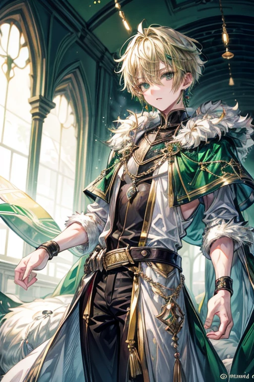 (masterpiece, best quality, perfect face, expressive eyes), 1boy, (anime), (male), (adult), (short blonde hair,) green gradient hair, green eyes, noble clothes, gold jewelry, gold earrings, fur cloak, 