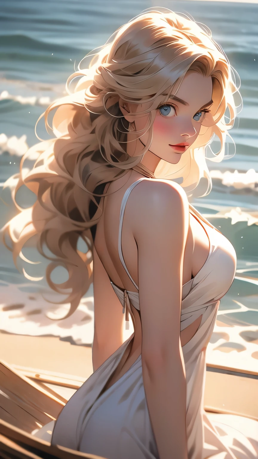 Makima with Margot Robbie&#39;s face (Chainsaw Man), highest quality, Very detailed, 1 girl, alone, Standing ceremony, Redhead, Long braided hair, Golden Eyes, bangs, Very small pointy breasts, White Bikini, Looks lewd,, (bad: 1.2),Exposing breasts, Looking at the audience,Spread your legs, (Face to face: 1.3), (Dark Background, rock: 1.3), From above, Crisp contrast, Beautiful fine details, Sleeping girl,White panties,High heels,,The happi coat is open,underwear