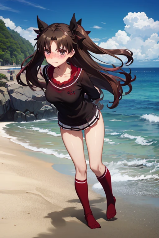 Big breasts, big thighs ,Rin Tohsaka, Aqua Augen, schwarzes Haar, hair Schleife, lange Haare, Schleife, Seitenlocken, zwei Seiten nach oben, black Rock, black Socks, long sleeve, miniRock, pleated Rock, ((red Pullover)), Rock, Pullover, Socks, Rollkragen, high quality, 4k, shibari, bound, crotch rope, shibari over clothes, (Arms behind Back:1.6), Arms bound, bondage, crotch rope, (blushing:1.6), (Standing at a beach:1.6), (full body:1.6)